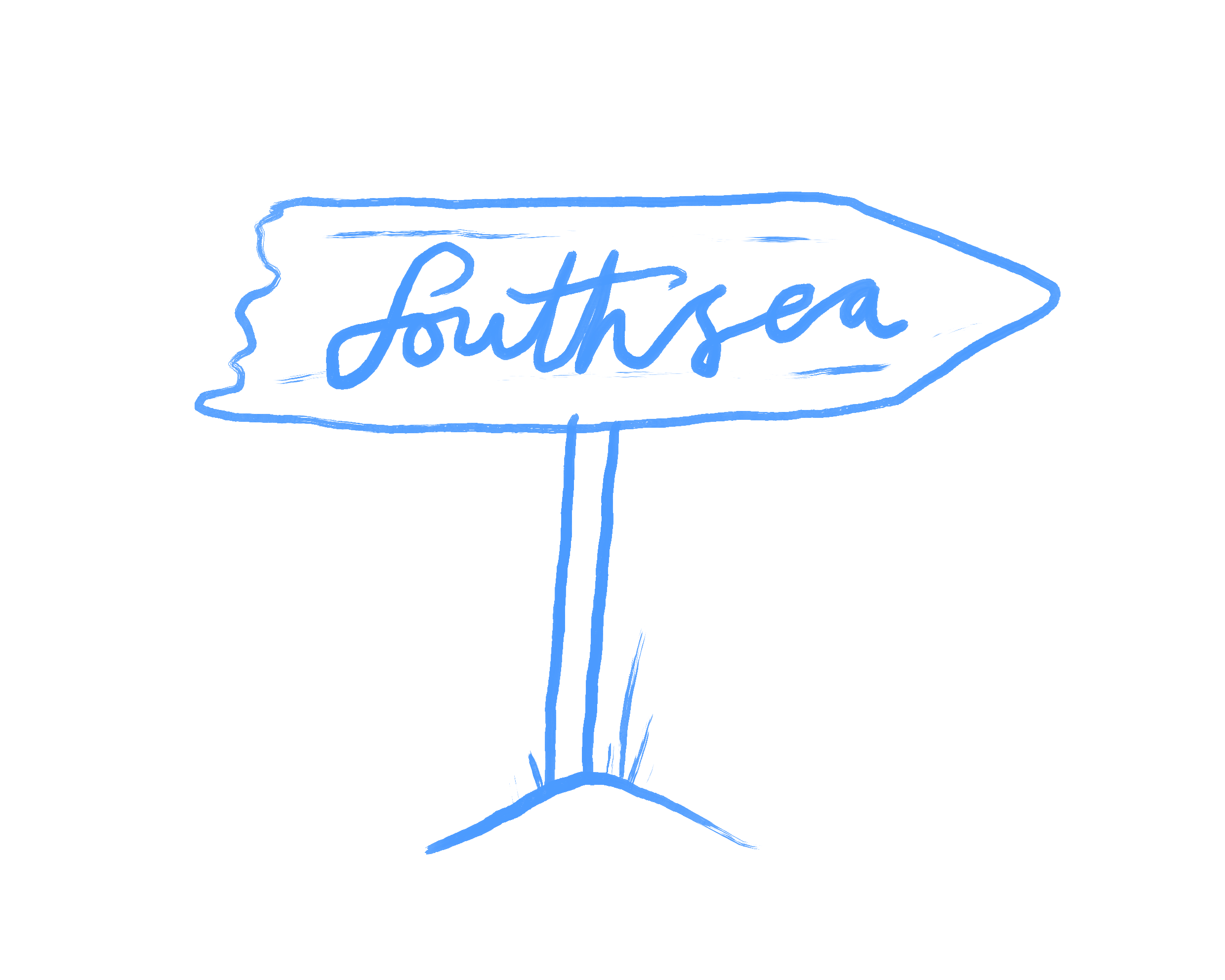 Blue neon sign with the word 'Southsea' written in cursive, mounted on a pole, against a black background.
