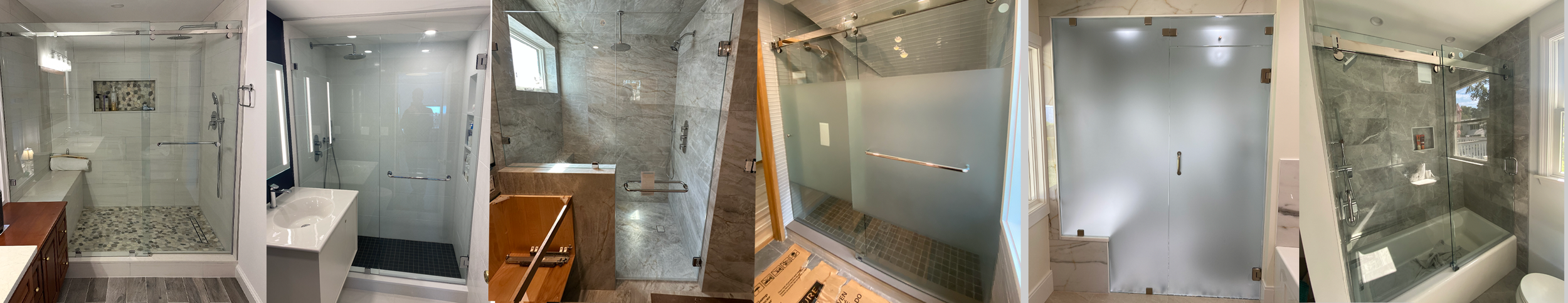 Collection of six different glass shower doors and shower enclosures in various bathroom settings.