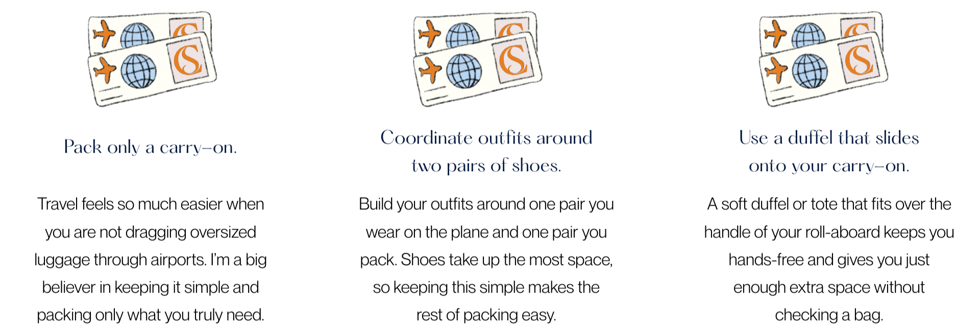Travel packing tips infographic with three sections: 'Pack only a carry-on,' 'Coordinate outfits around two pairs of shoes,' and 'Use a duffel that slides onto your carry-on,' featuring icons of a globe, airplanes, and luggage.