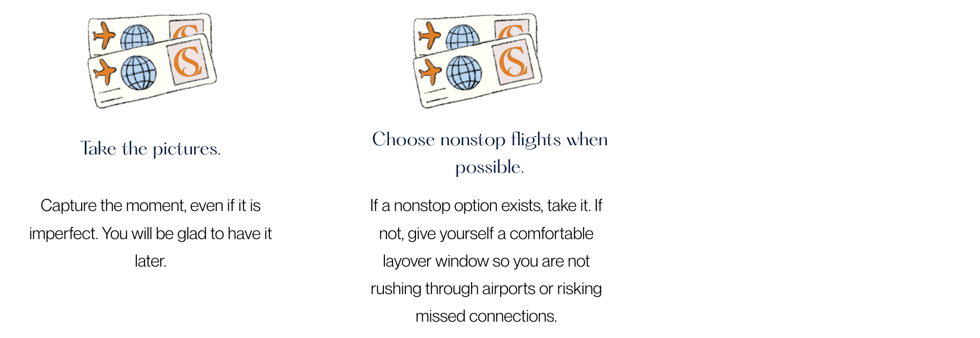 Illustration of airplane tickets with globe icons, with text encouraging taking pictures and choosing nonstop flights.