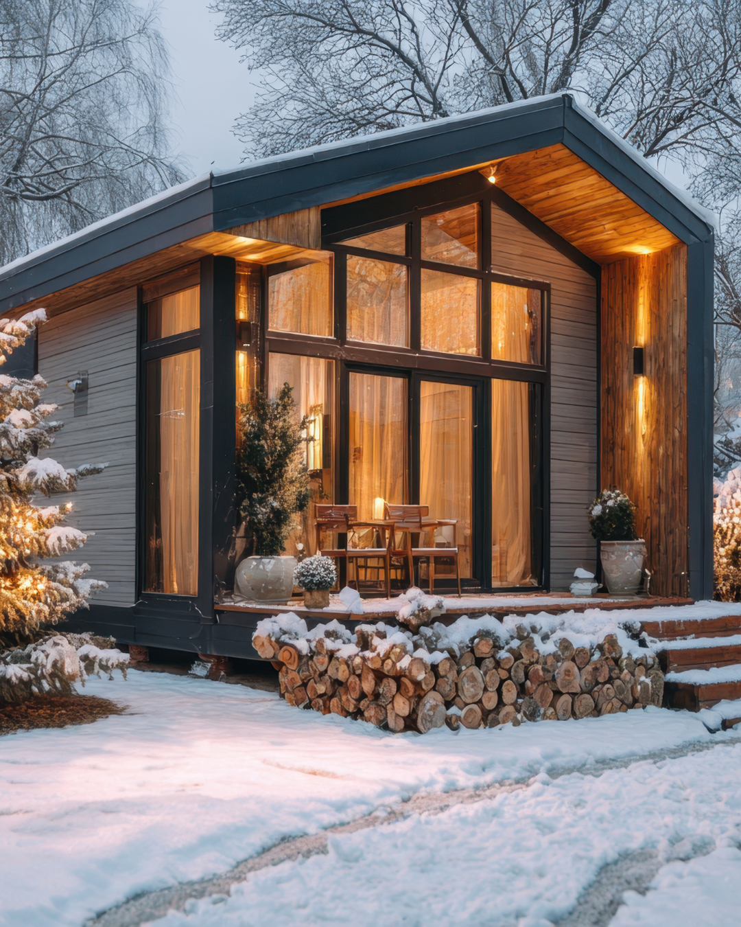Modern house with large glass windows and wooden accents, illuminated from inside, surrounded by snow and trees.