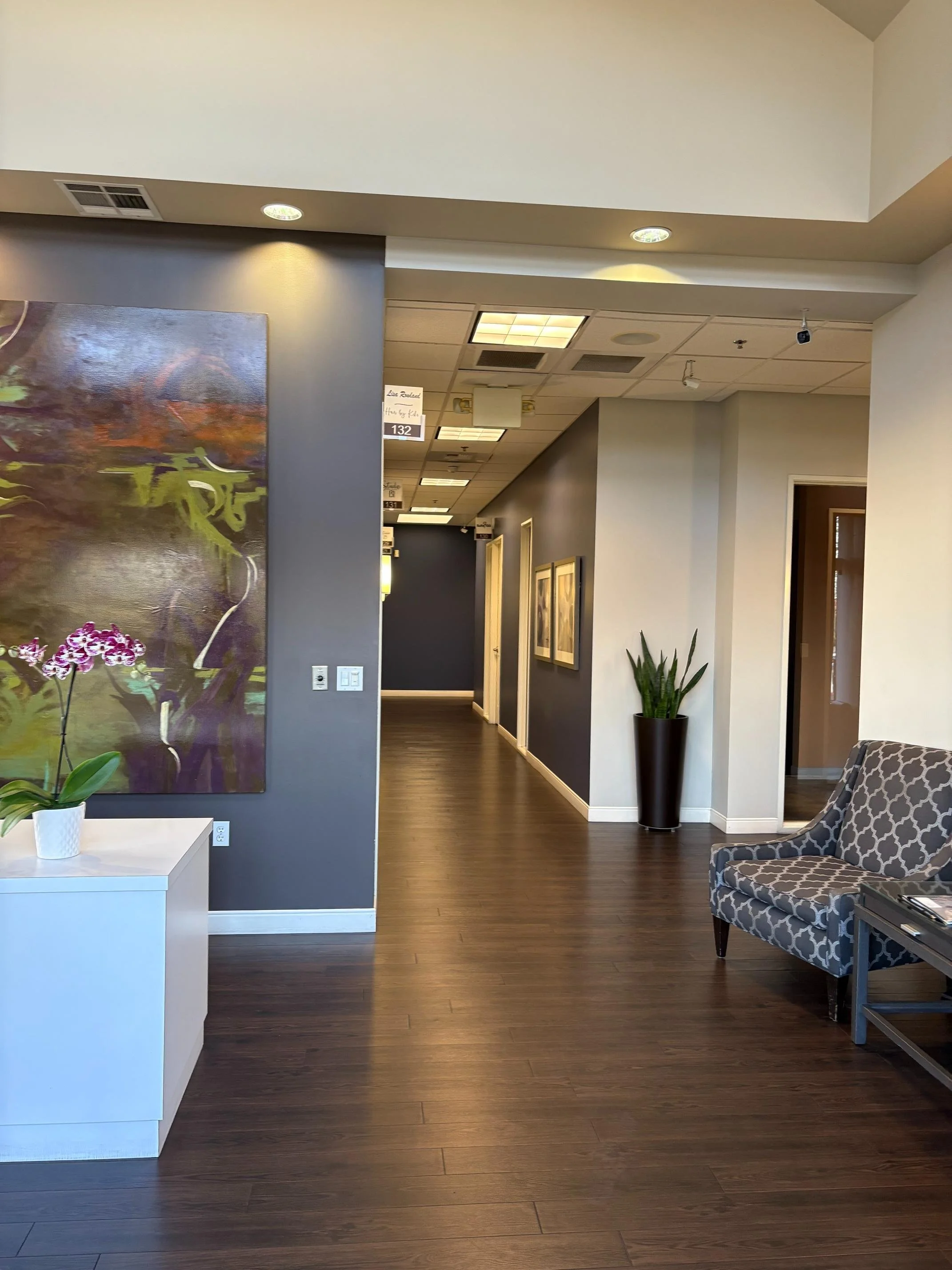 Interior lobby of Studio 55 Salon Suites where Pluck Yeah Wax Center is located in Roseville CA