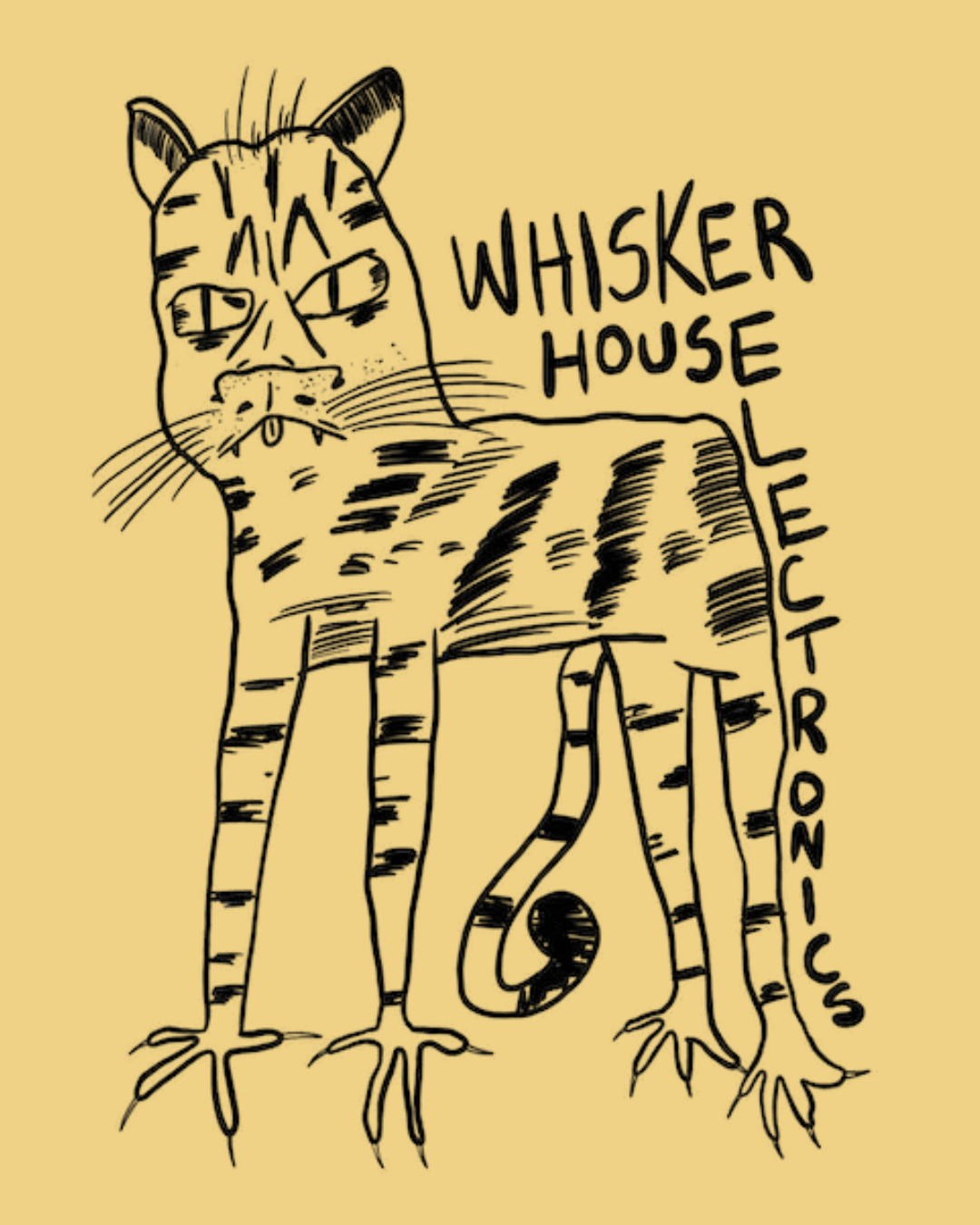 A funky line drawing of a cat with a yellow background, with the words "Whisker House Electric" written next to it on a yellow background.