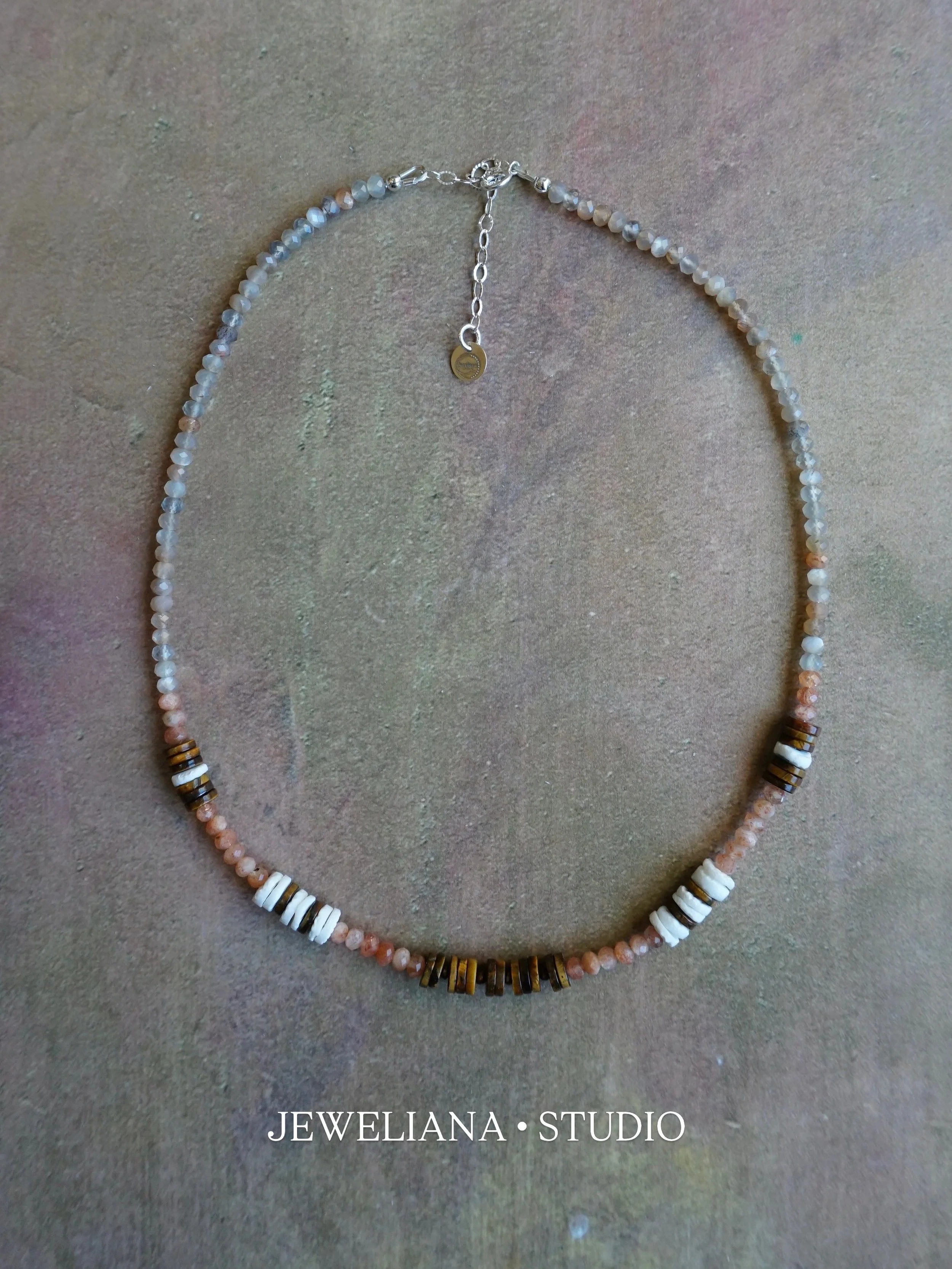Bryce Canyon Hoodoo Necklace Mother of Pearl • Tiger's Eye • Sunstone • Silver-Grey Peach Moonstone 925 Sterling Silver Findings Handmade in USA