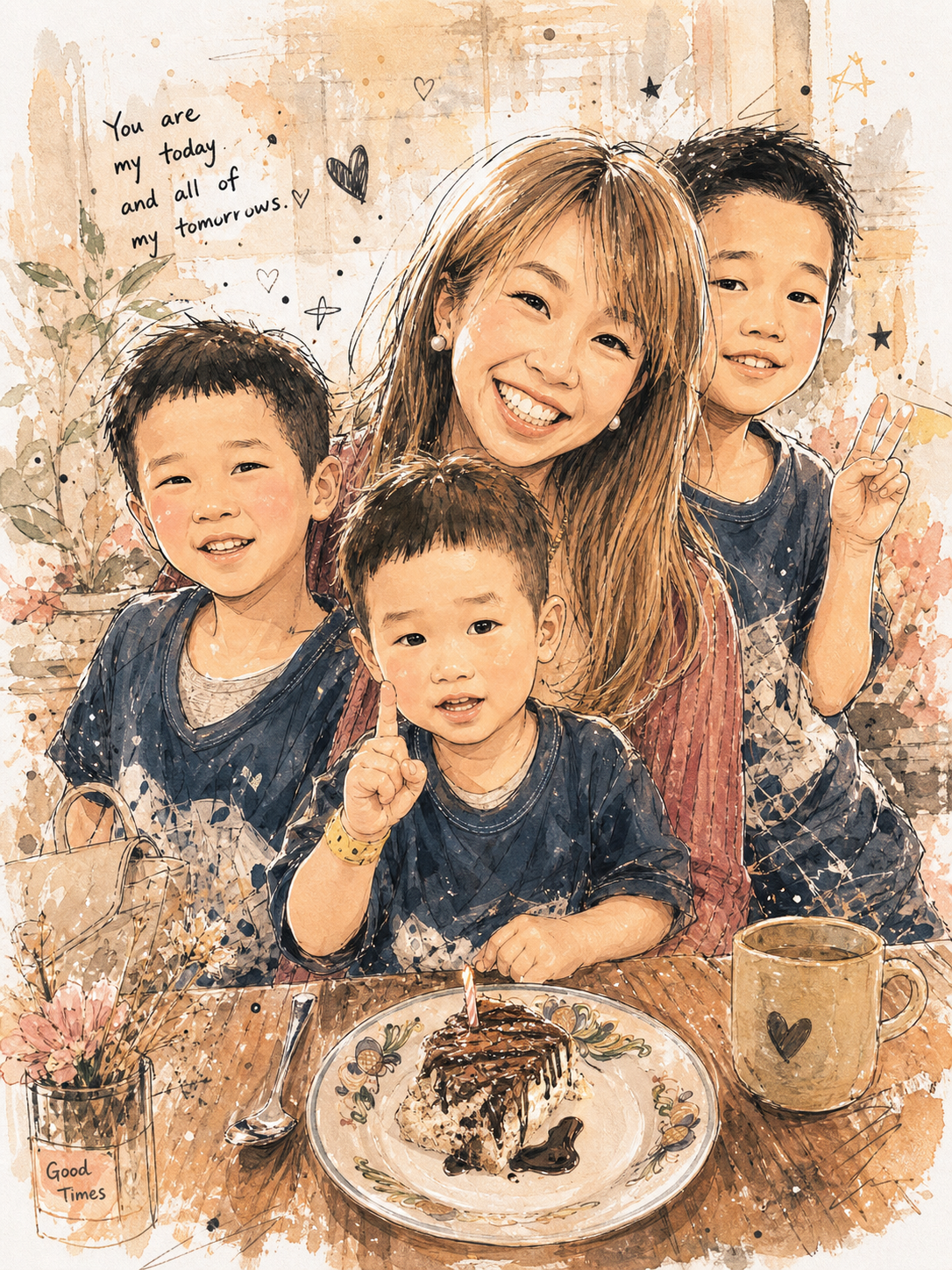 A woman and four children celebrate a birthday with a chocolate cake and lit candle on a wooden table, with a mug, flowers, and handwritten quote in the background.