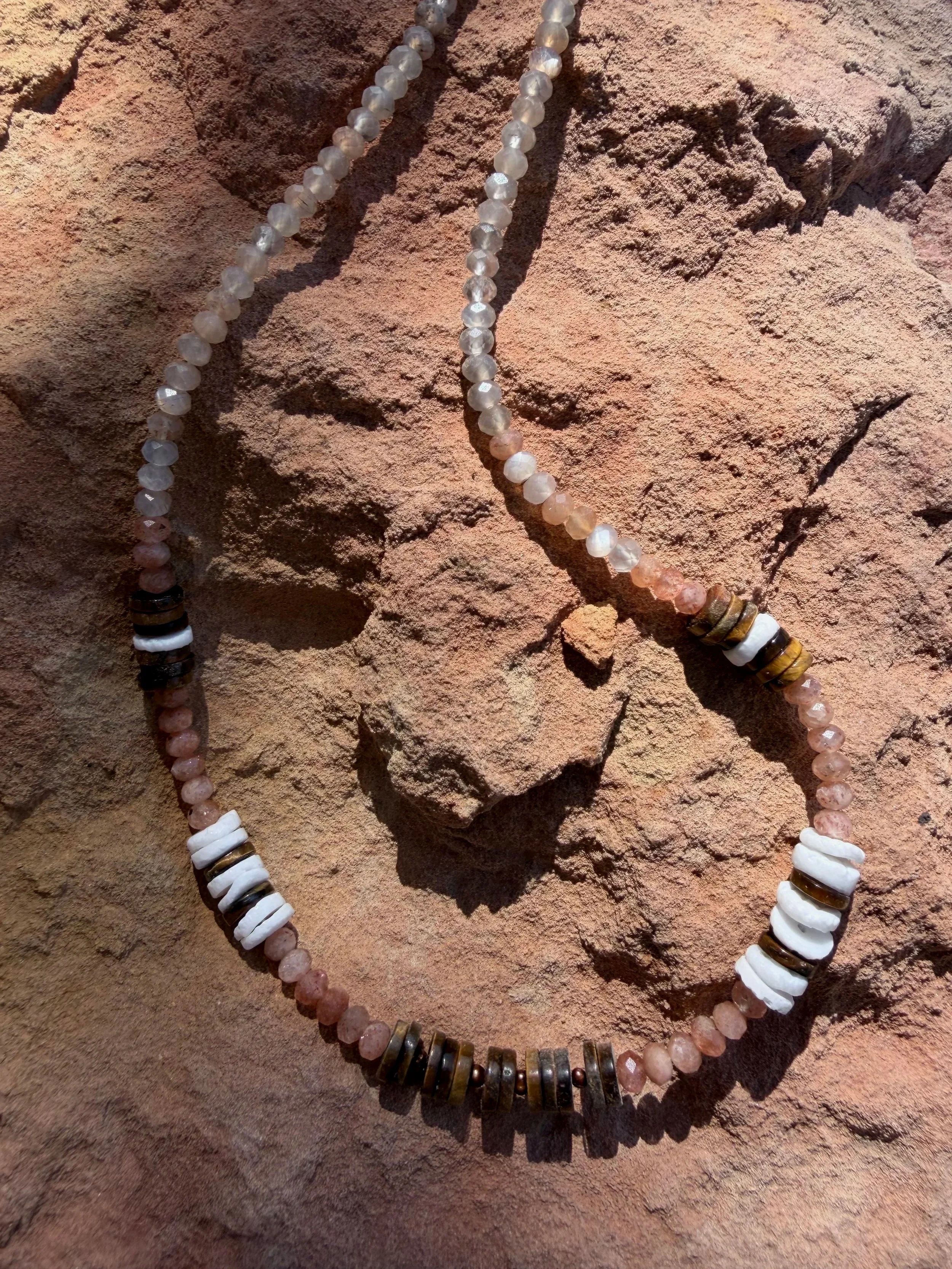 Bryce Canyon Hoodoo Necklace Mother of Pearl • Tiger's Eye • Sunstone • Silver-Grey Peach Moonstone 925 Sterling Silver Findings Handmade in USA