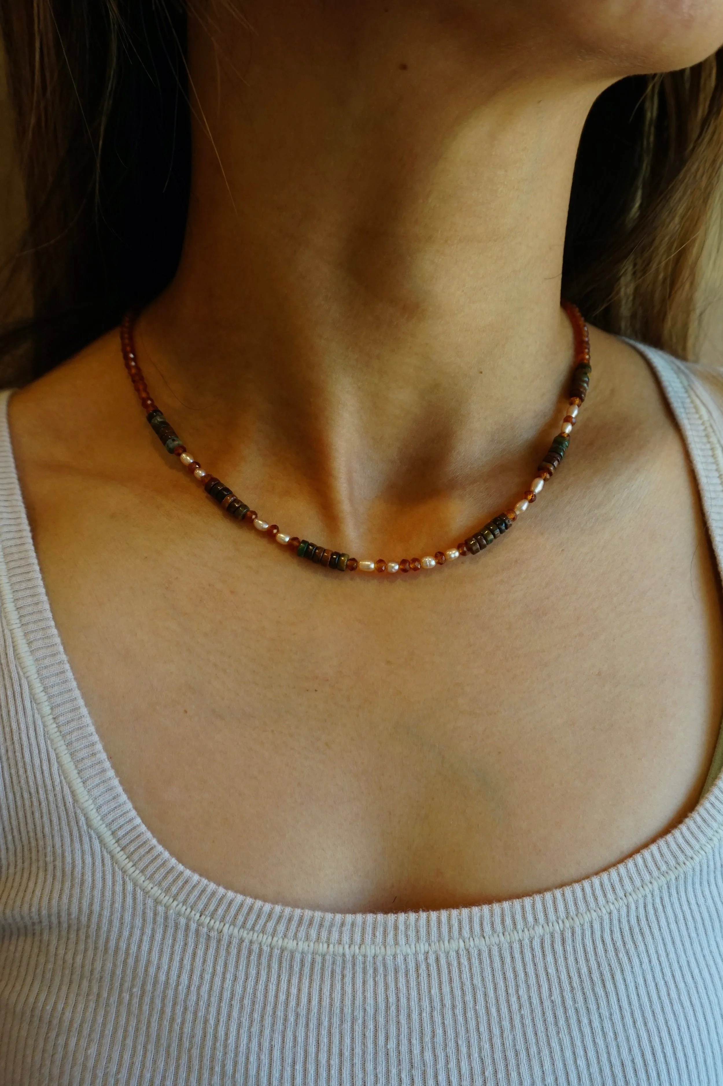 Bryce Canyon Hoodoo Choker Necklace African Green Opal • Mauve Rice Pearl • Hessonite Handmade Genuine gemstones and freshwater pearls Gold-Filled Findings