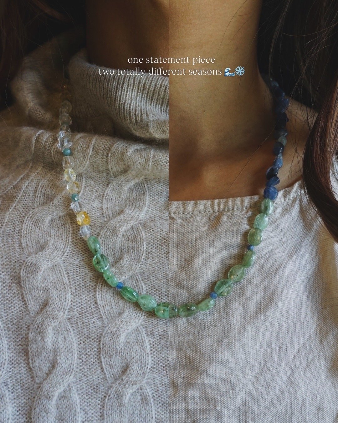 Jeweliana Studio Lake Tahoe chunky kyanite and clear topaz necklace styled over a white sweater and summer linen top.
