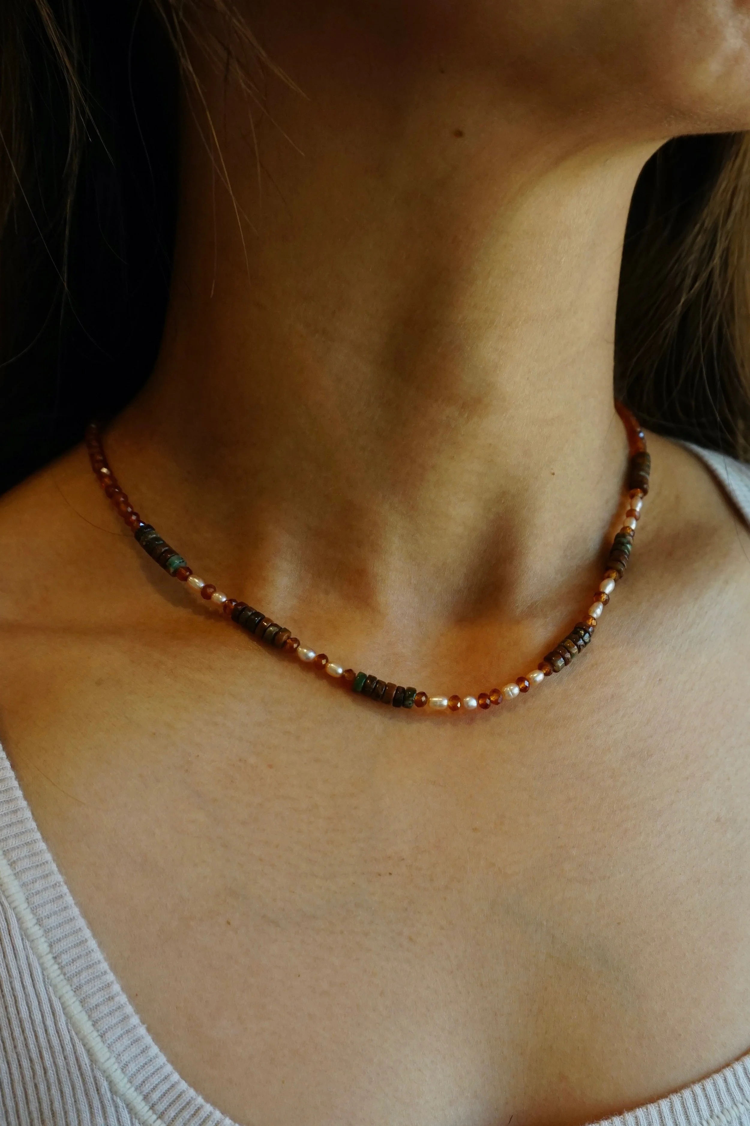 Bryce Canyon Hoodoo Choker Necklace African Green Opal • Mauve Rice Pearl • Hessonite Handmade Genuine gemstones and freshwater pearls Gold-Filled Findings