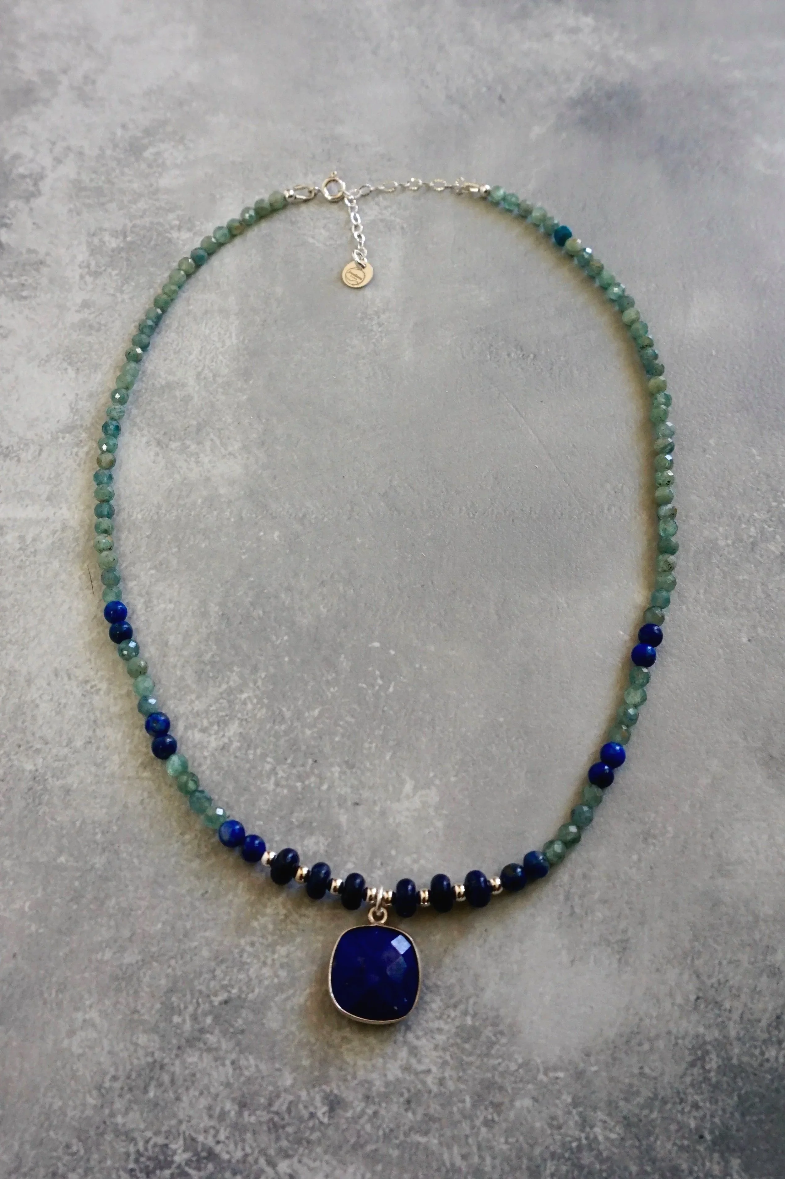 Jeweliana Studio Lake Tahoe  green kyanite lapis sterling silver beads and lapis pendant