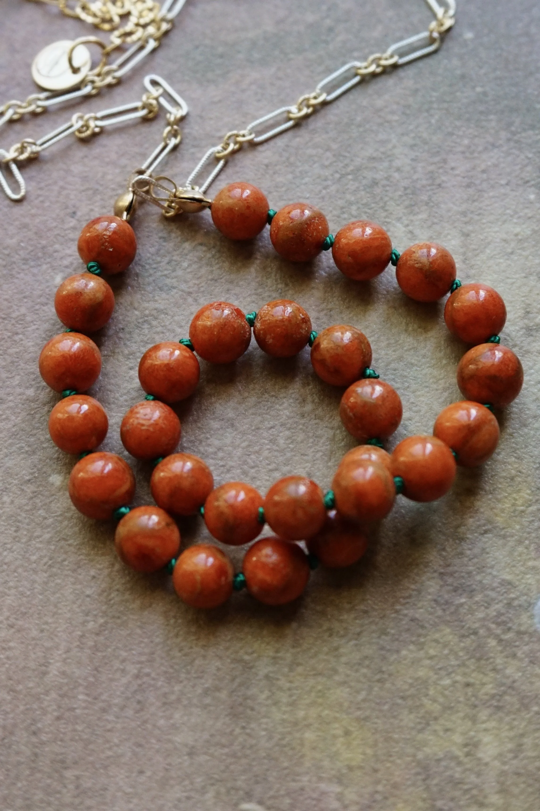 Orange Coral & Green Silk Knotting Necklace, 14K Gold Filled and Sterling Silver Chain