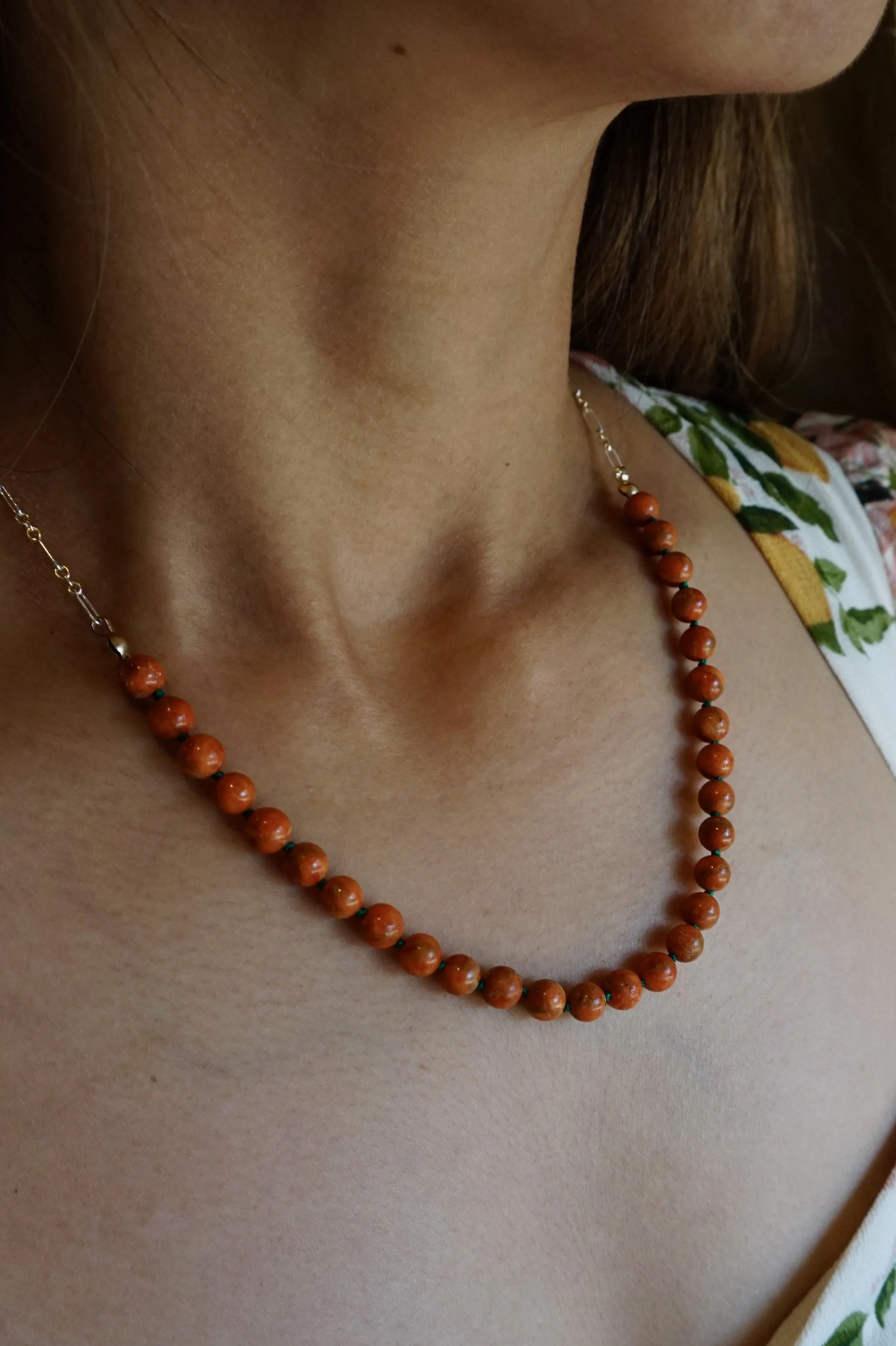 Orange Coral & Green Silk Knotting Necklace, 14K Gold Filled and Sterling Silver Chain