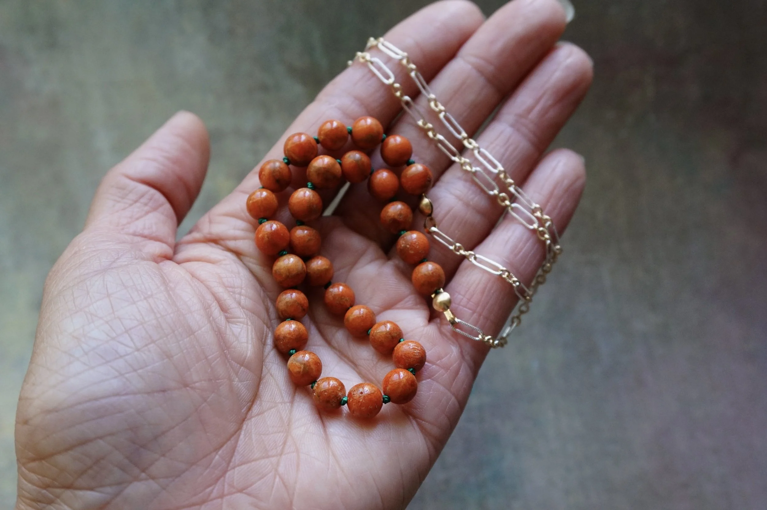 Orange Coral & Green Silk Knotting Necklace, 14K Gold Filled and Sterling Silver Chain