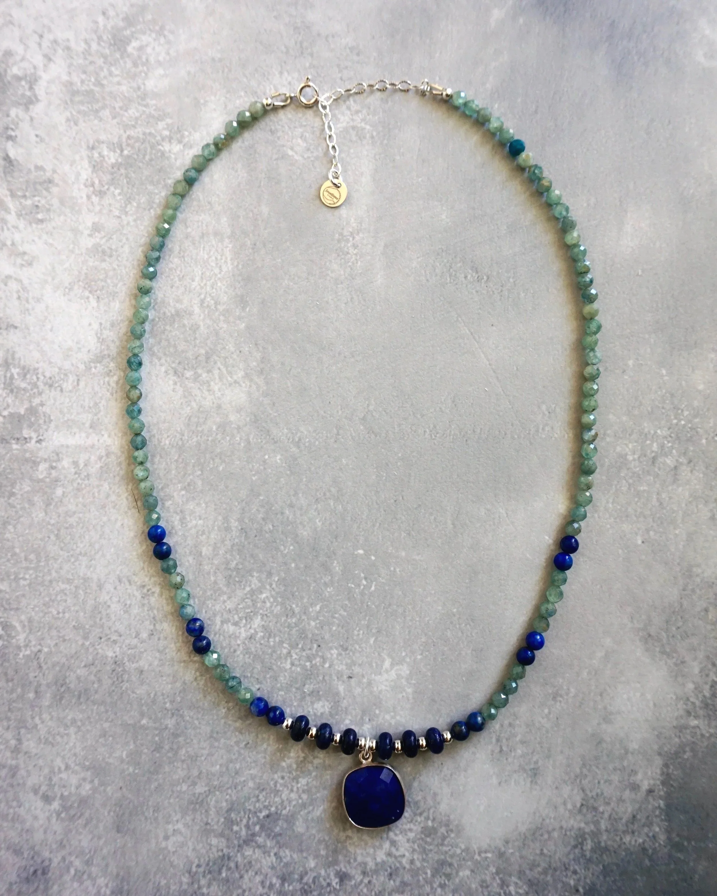 Jeweliana Studio Lake Tahoe  green kyanite lapis sterling silver beads and lapis pendant