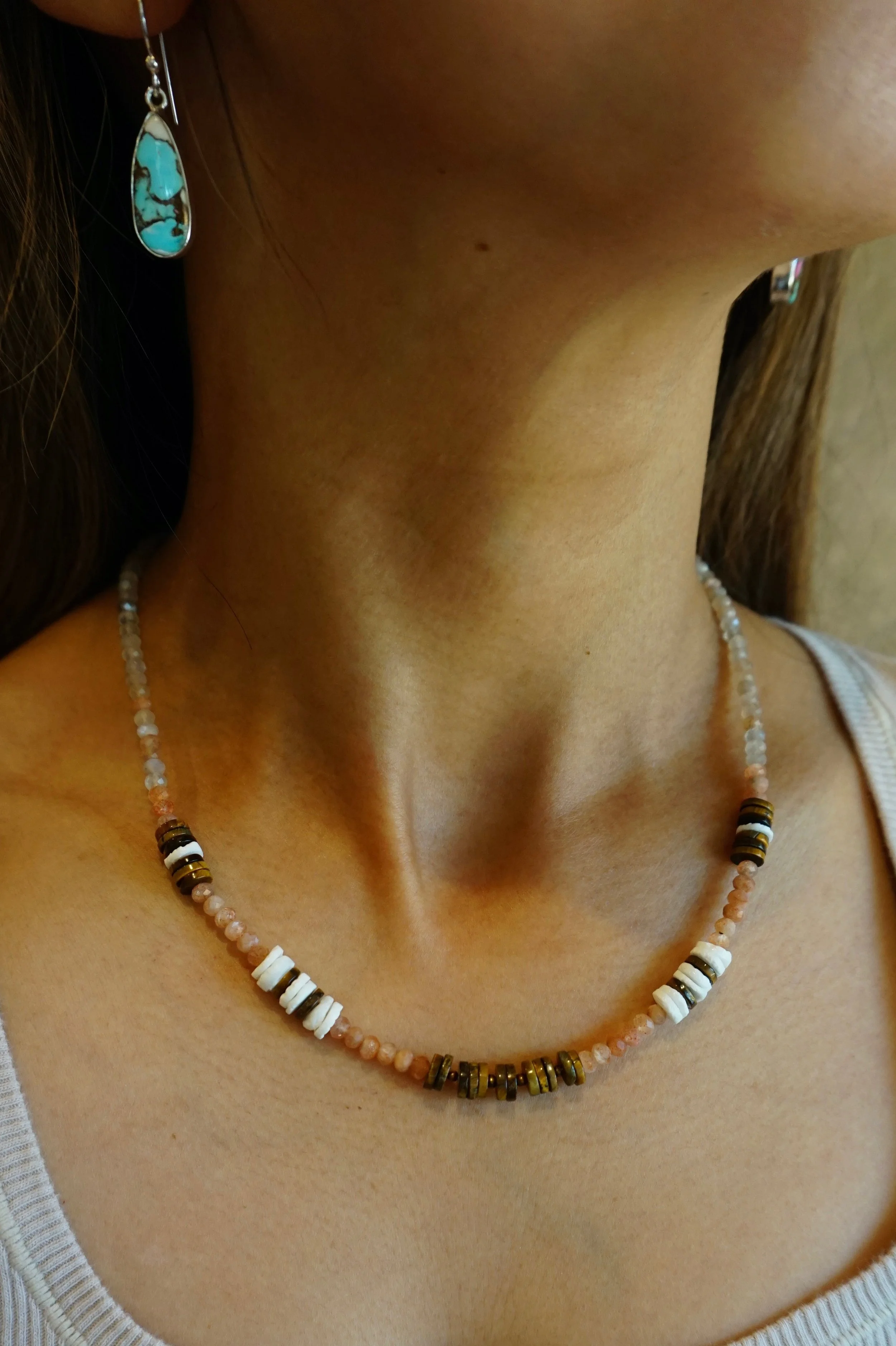 Bryce Canyon Hoodoo Necklace Mother of Pearl • Tiger's Eye • Sunstone • Silver-Grey Peach Moonstone 925 Sterling Silver Findings Handmade in USA
