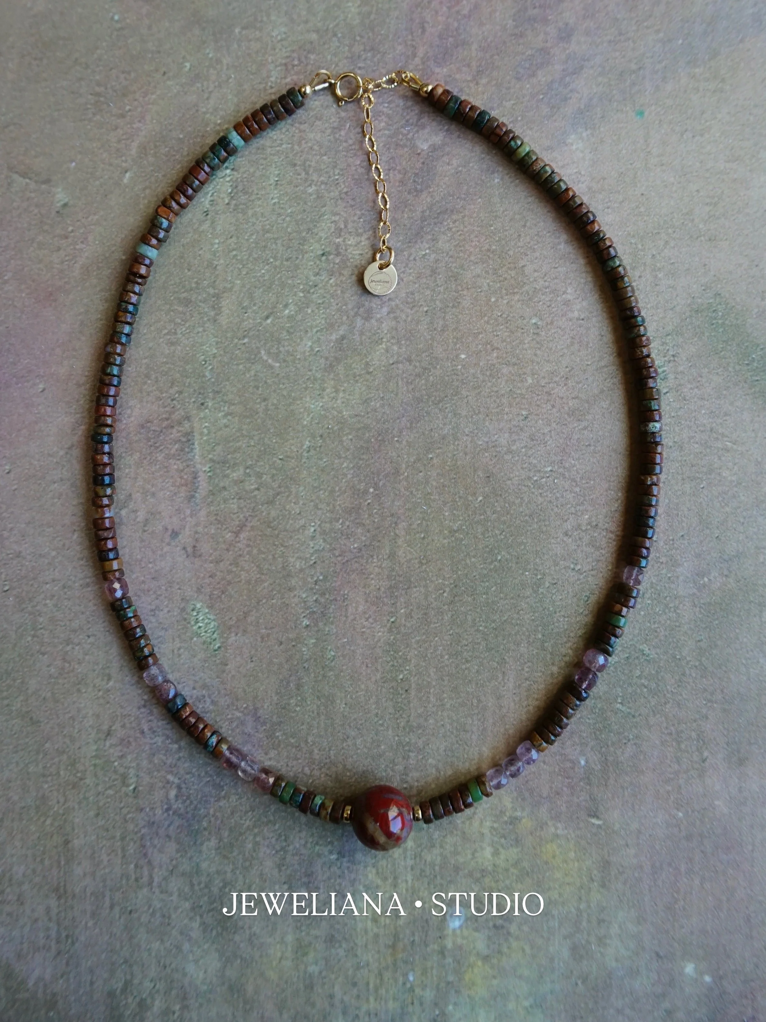 Antelope Canyon Layers Necklace Red Snake Jasper • African Green Opal • Strawberry Quartz Handmade