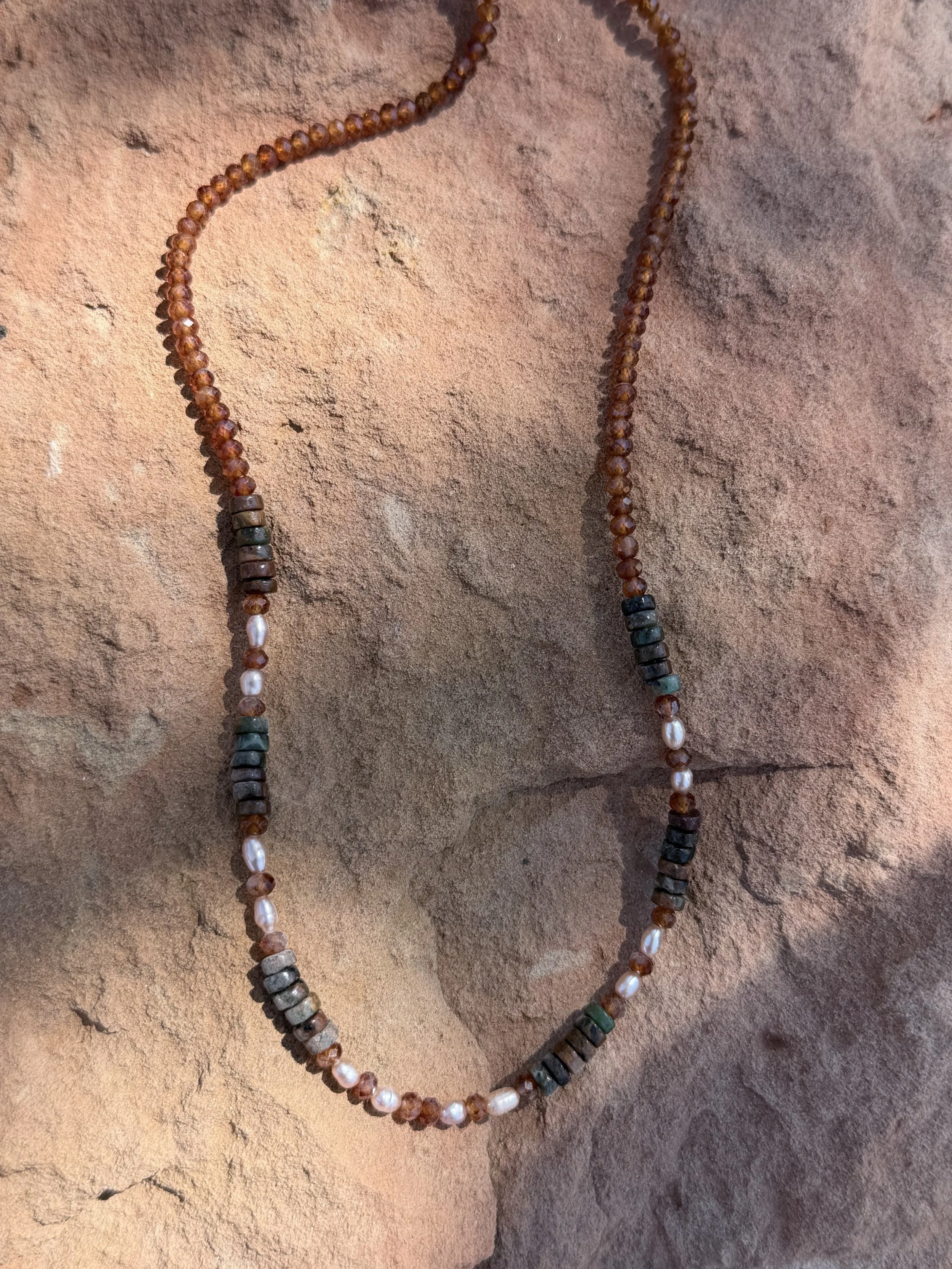 Bryce Canyon Hoodoo Choker Necklace African Green Opal • Mauve Rice Pearl • Hessonite Handmade Genuine gemstones and freshwater pearls Gold-Filled Findings