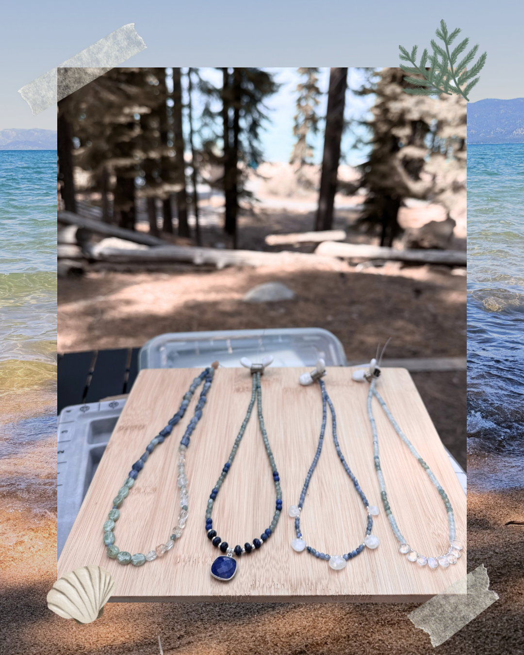 Jeweliana Studio Lake Tahoe  green kyanite lapis sterling silver beads and lapis pendant and moonstone and green peridot necklaces created right by the beach in the forest
