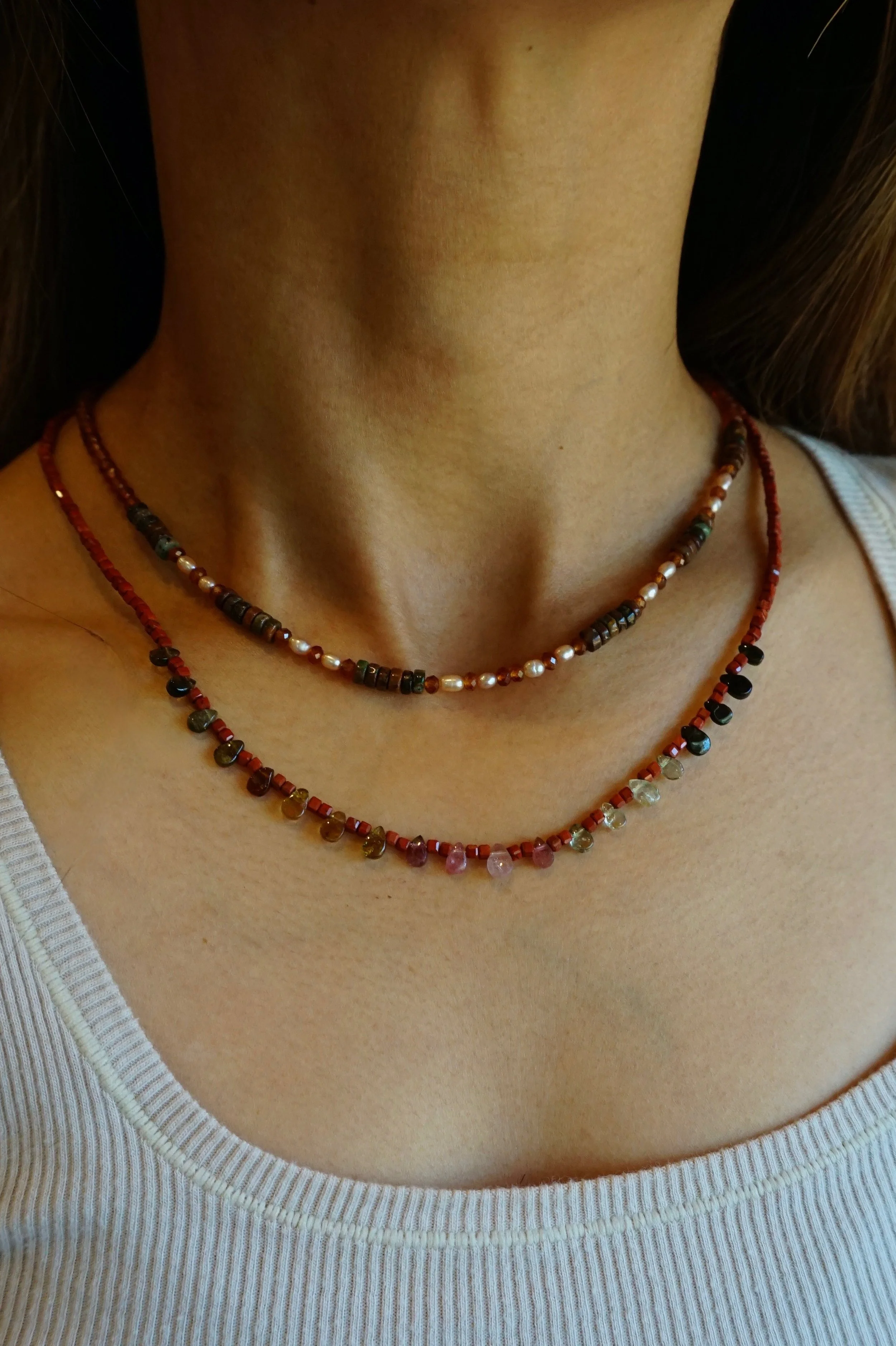 Bryce Canyon Hoodoo Choker Necklace African Green Opal • Mauve Rice Pearl • Hessonite Handmade Genuine gemstones and freshwater pearls Gold-Filled Findings