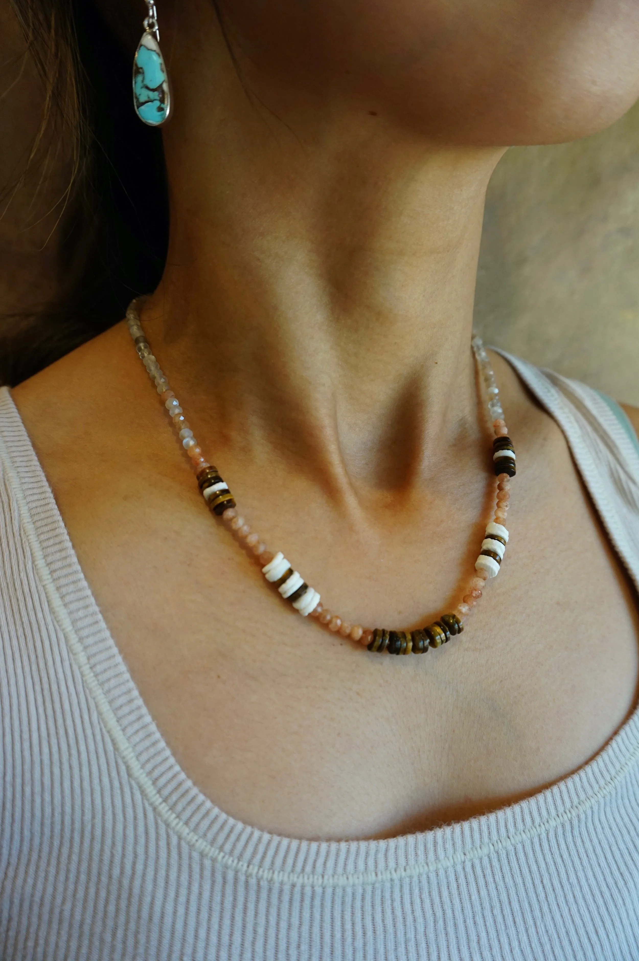 Bryce Canyon Hoodoo Necklace Mother of Pearl • Tiger's Eye • Sunstone • Silver-Grey Peach Moonstone 925 Sterling Silver Findings Handmade in USA