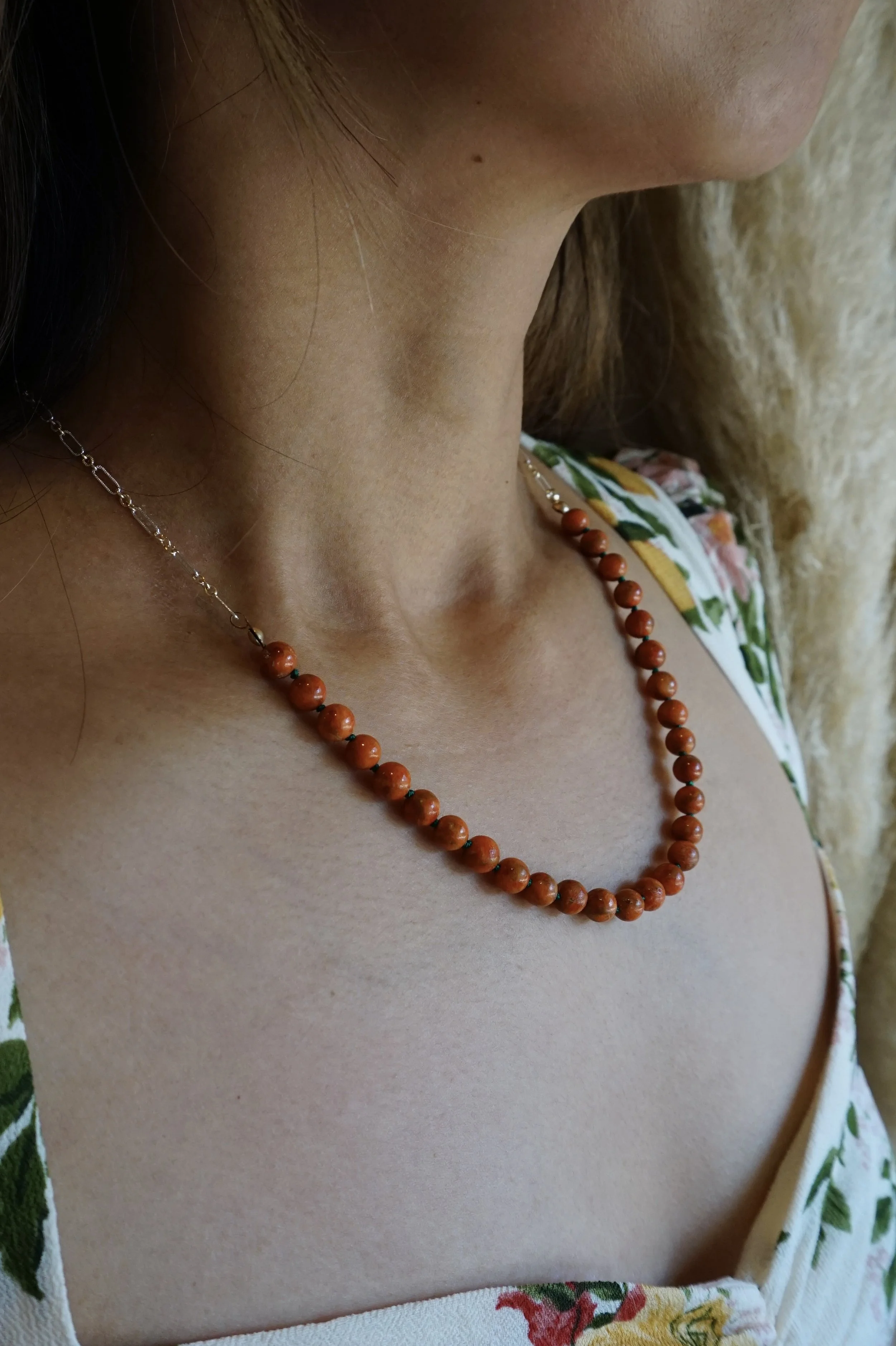 Orange Coral & Green Silk Knotting Necklace, 14K Gold Filled and Sterling Silver Chain