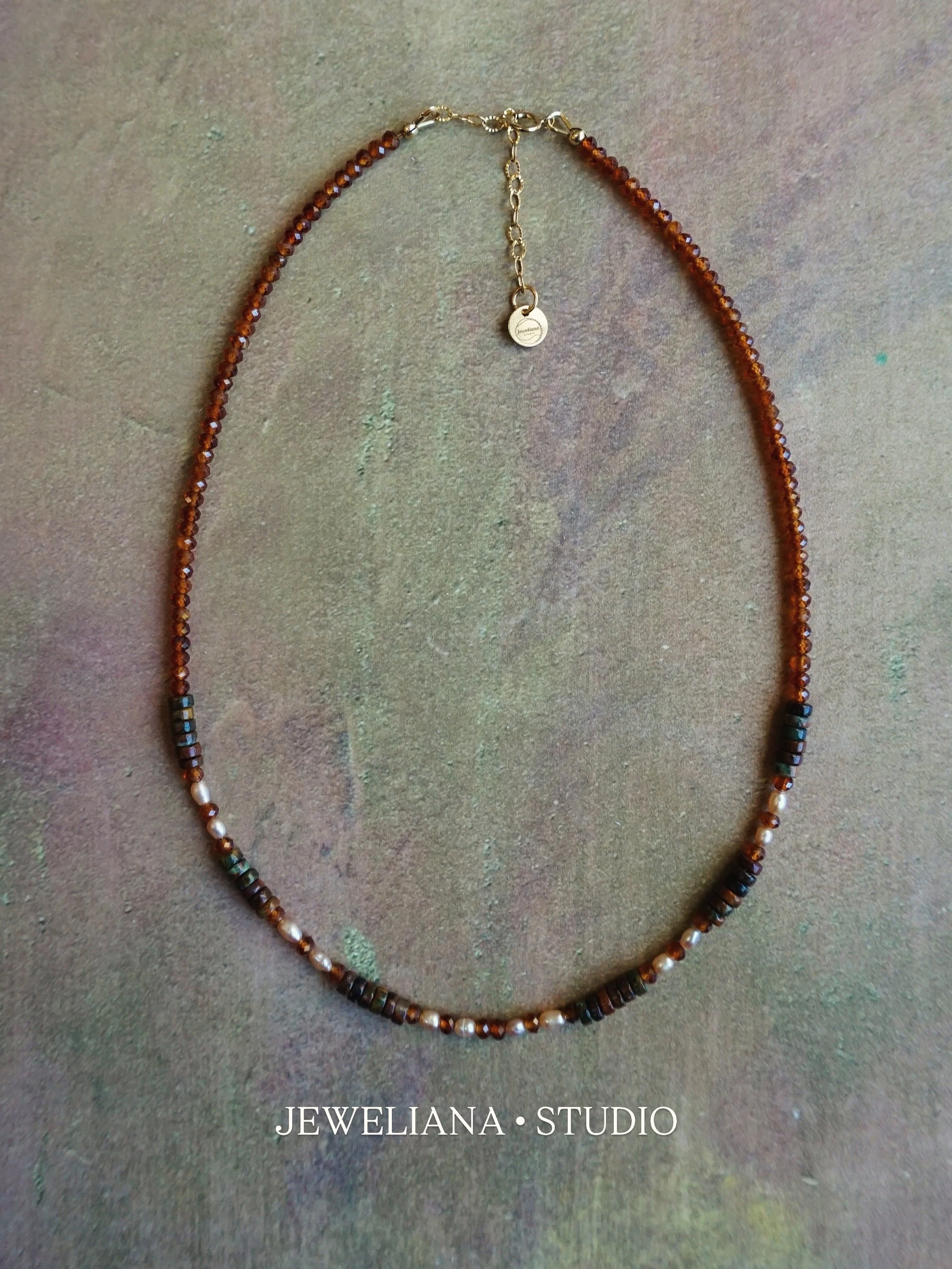 Bryce Canyon Hoodoo Choker Necklace African Green Opal • Mauve Rice Pearl • Hessonite Handmade Genuine gemstones and freshwater pearls Gold-Filled Findings