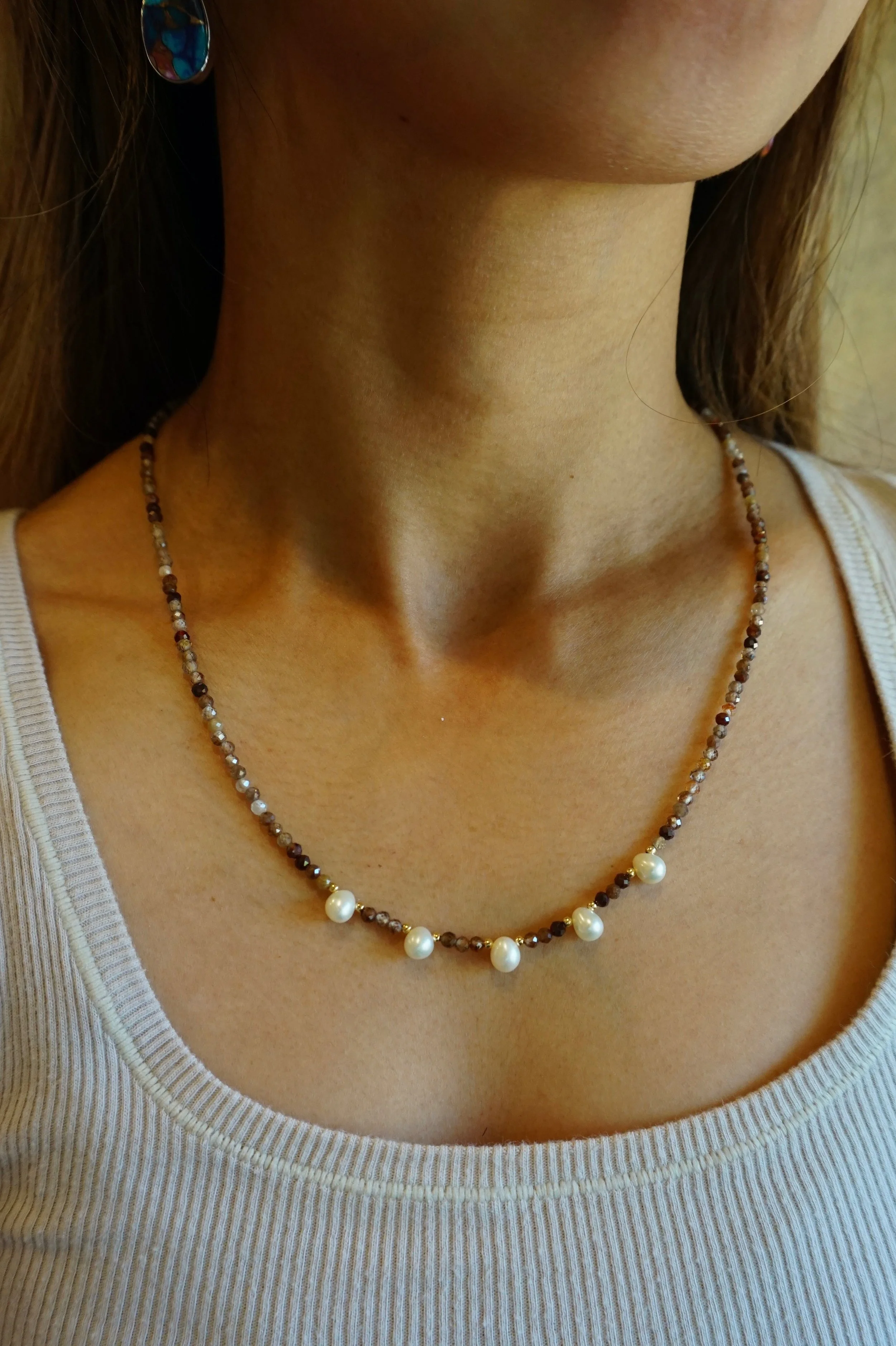 Grand Canyon Pearl Necklace Brown Zircon • Freshwater Pearls • Gold-filled beads Handmade necklaces Genuine Gemstones and Crystals