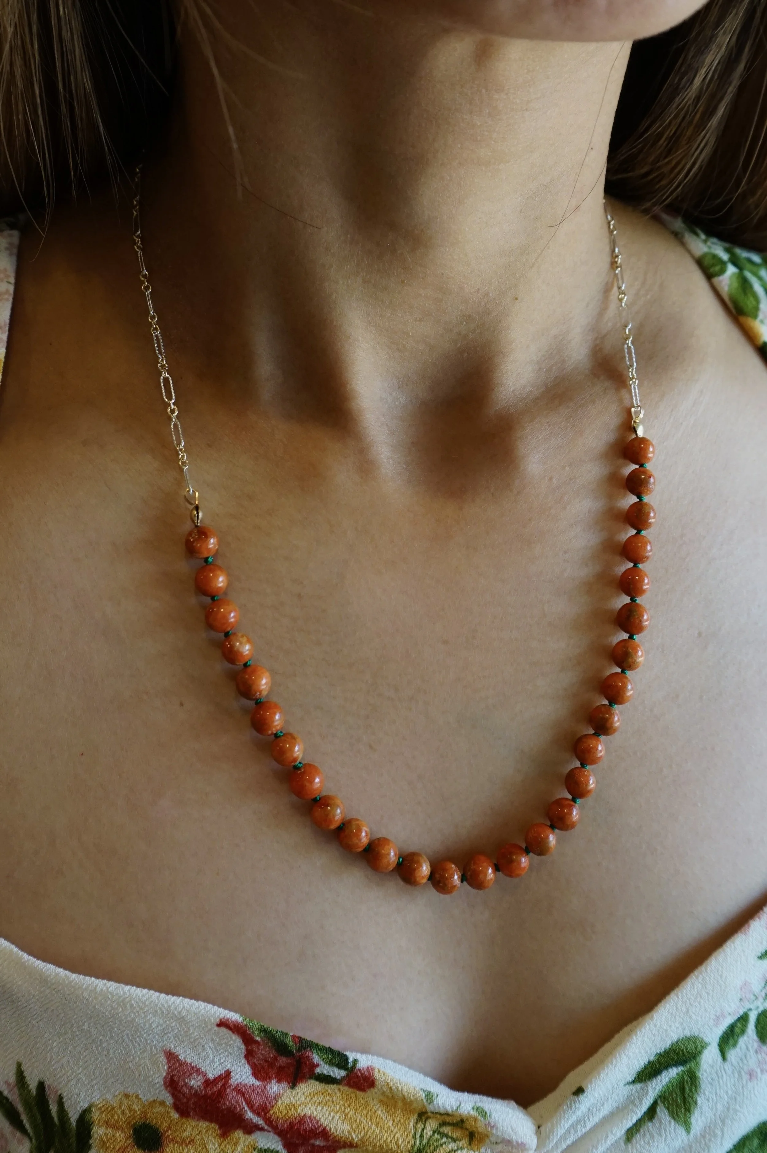 Orange Coral & Green Silk Knotting Necklace, 14K Gold Filled and Sterling Silver Chain