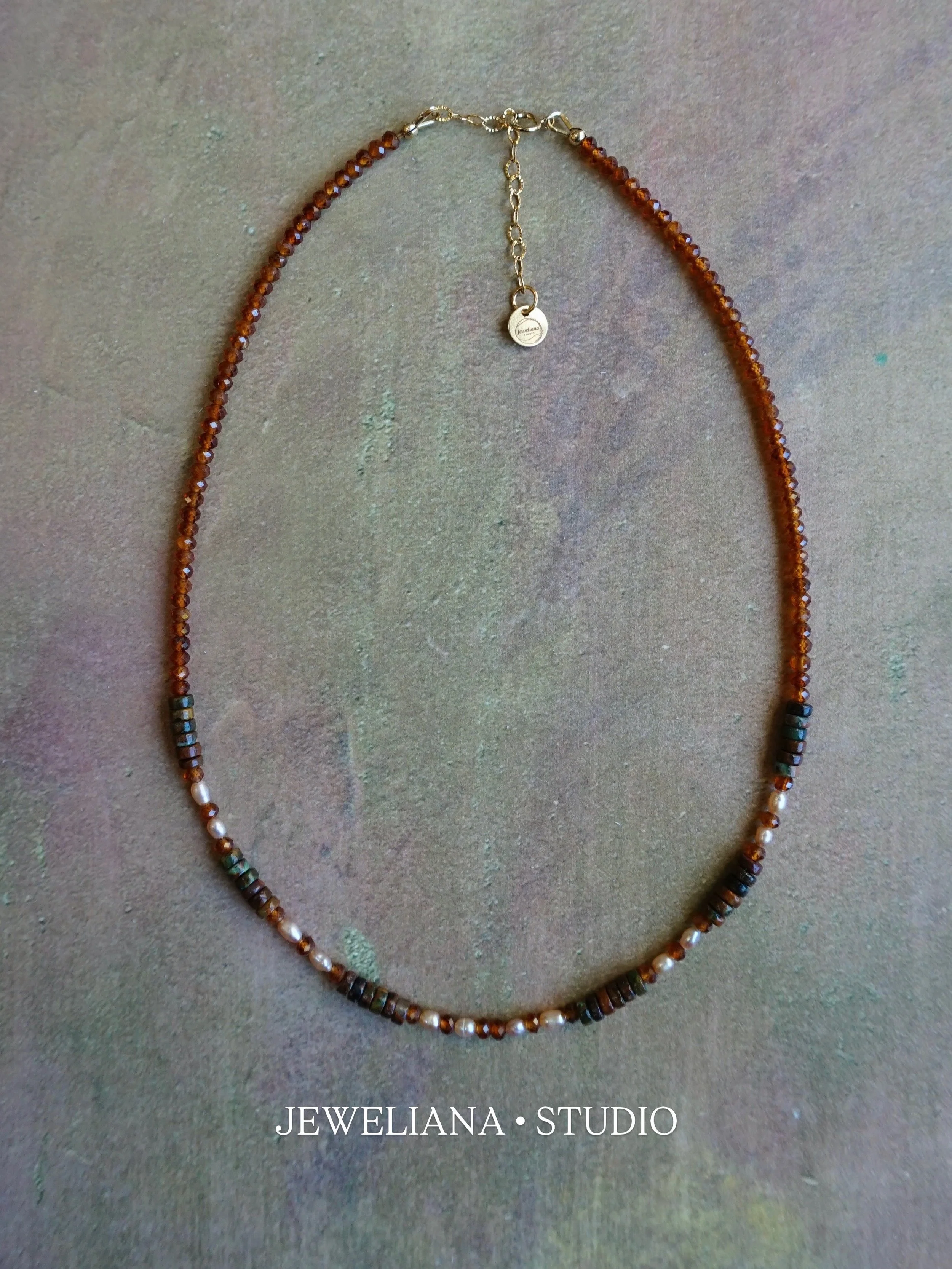 Bryce Canyon Hoodoo Choker Necklace African Green Opal • Mauve Rice Pearl • Hessonite Handmade Genuine gemstones and freshwater pearls Gold-Filled Findings
