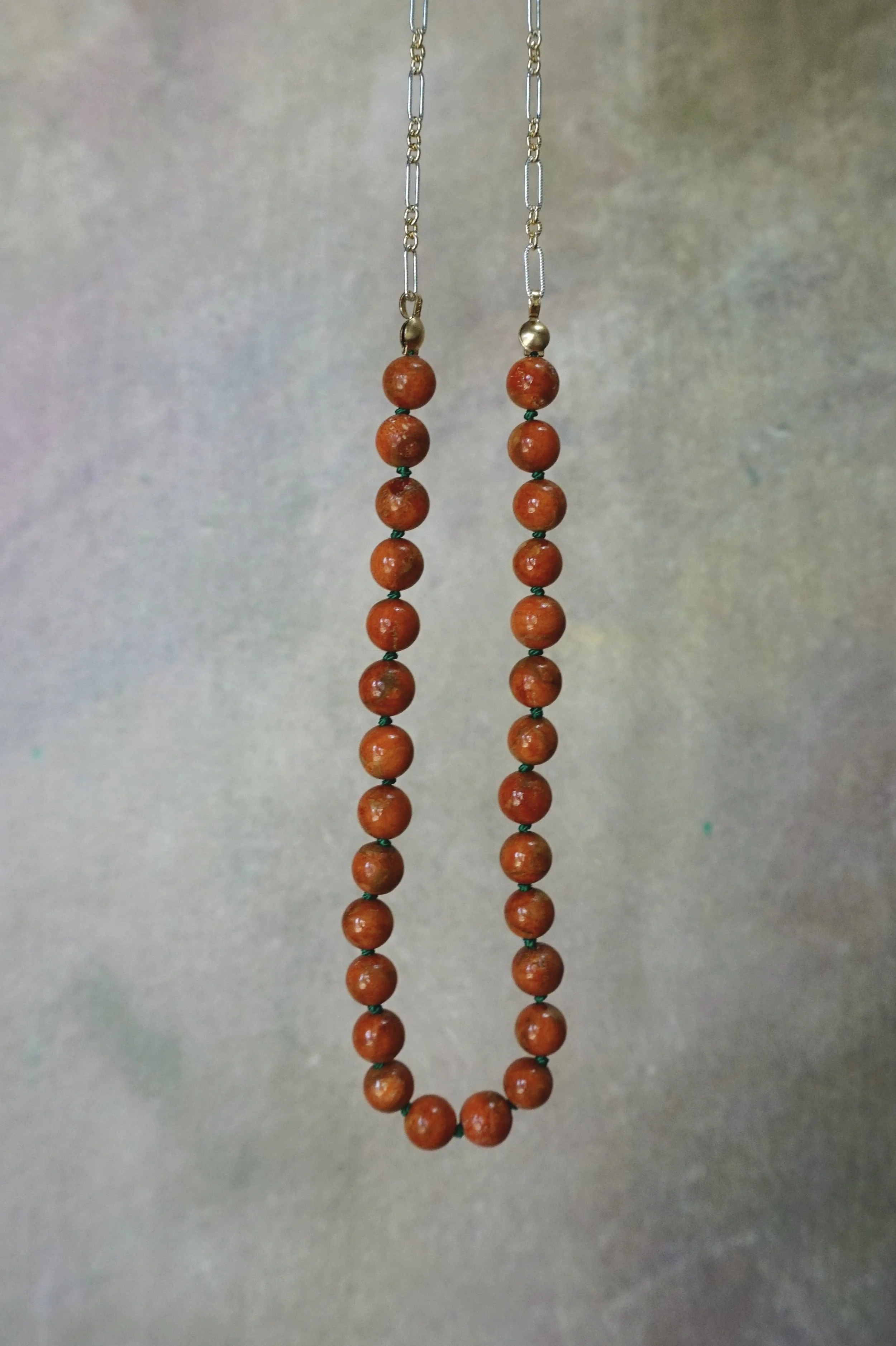 Orange Coral & Green Silk Knotting Necklace, 14K Gold Filled and Sterling Silver Chain
