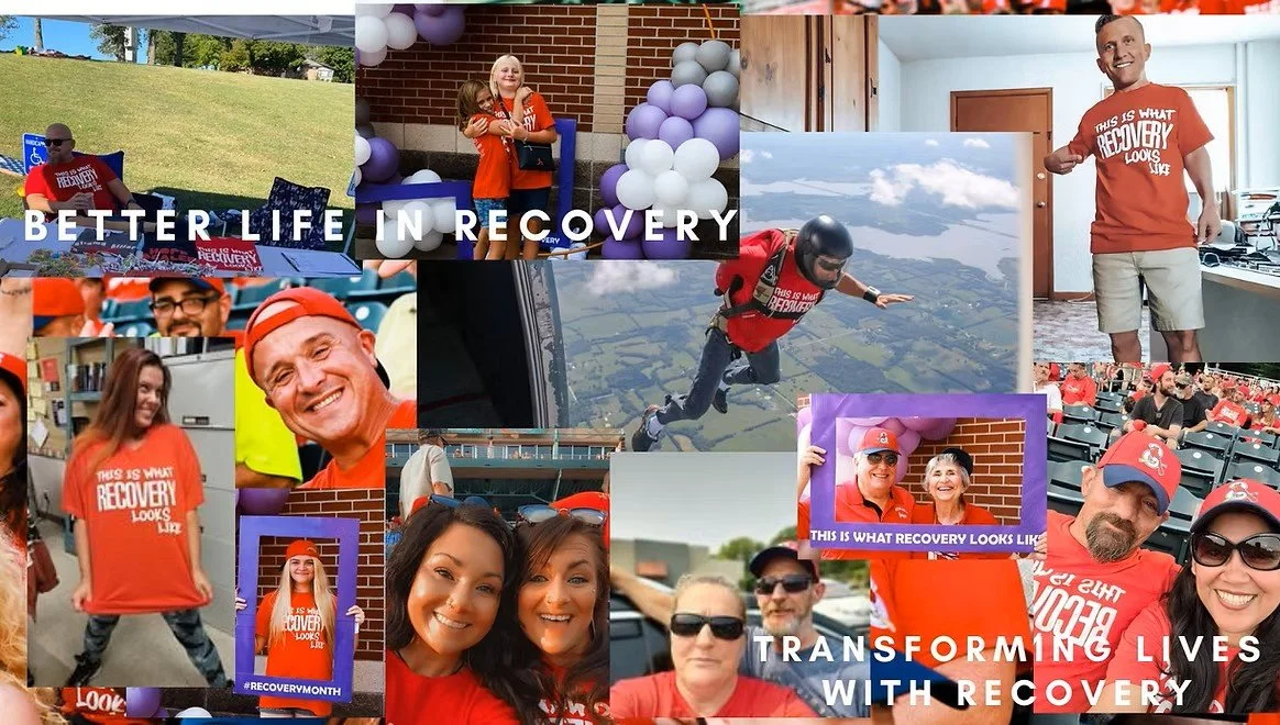 Collage of people celebrating recovery with various photos of smiling individuals, outdoor and indoor scenes, and recovery-themed signs with text like 'This is what recovery looks like.'