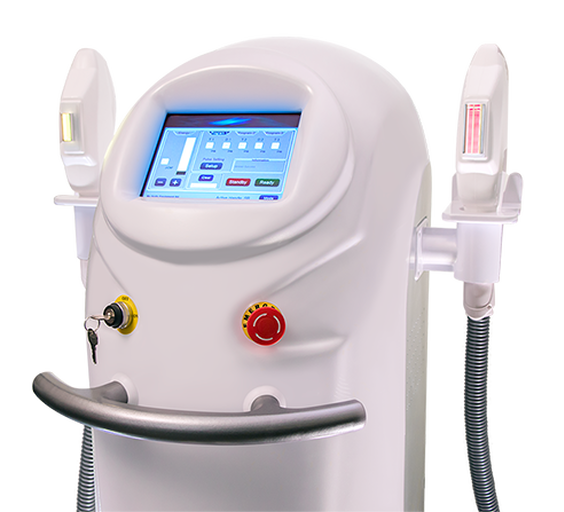 Medical device with a digital control screen, two handheld attachments, and a red emergency stop button.