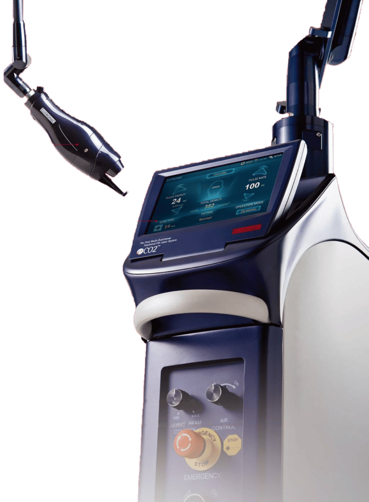Medical laser device with a touchscreen display, placed against a black background.