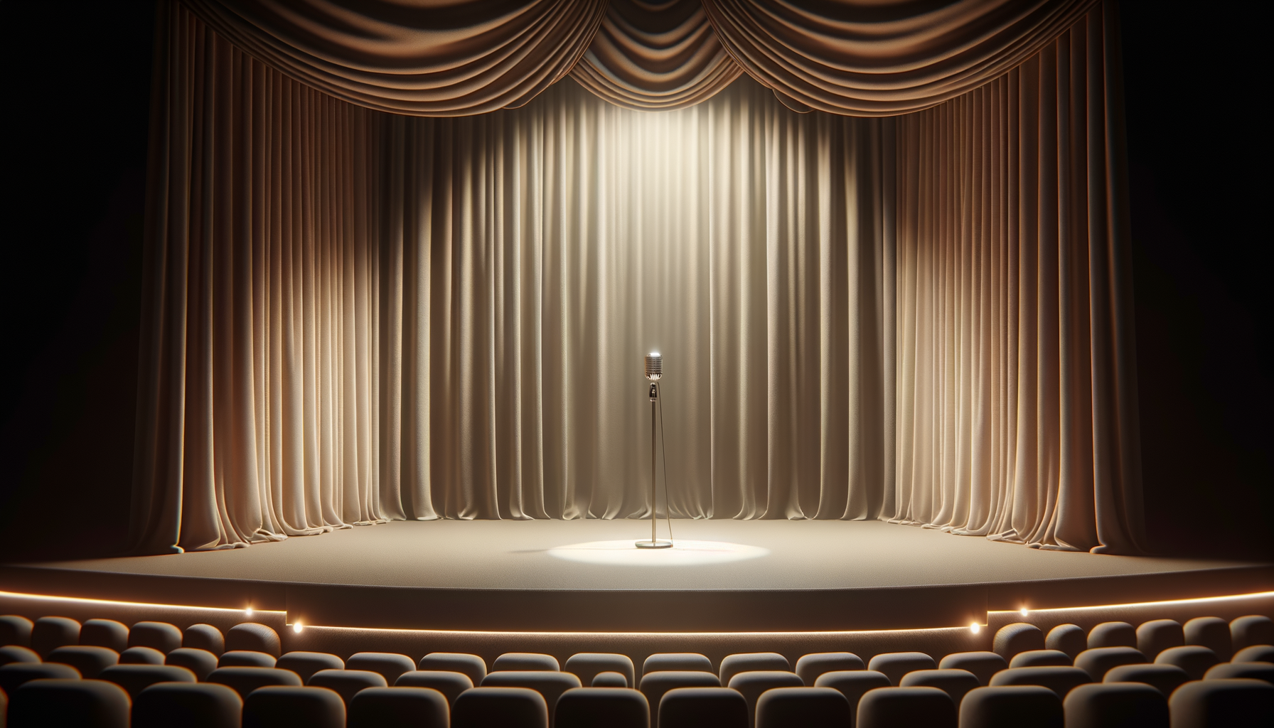 Empty stage with closed curtains, a vintage microphone on a stand, and theater seating in the foreground.