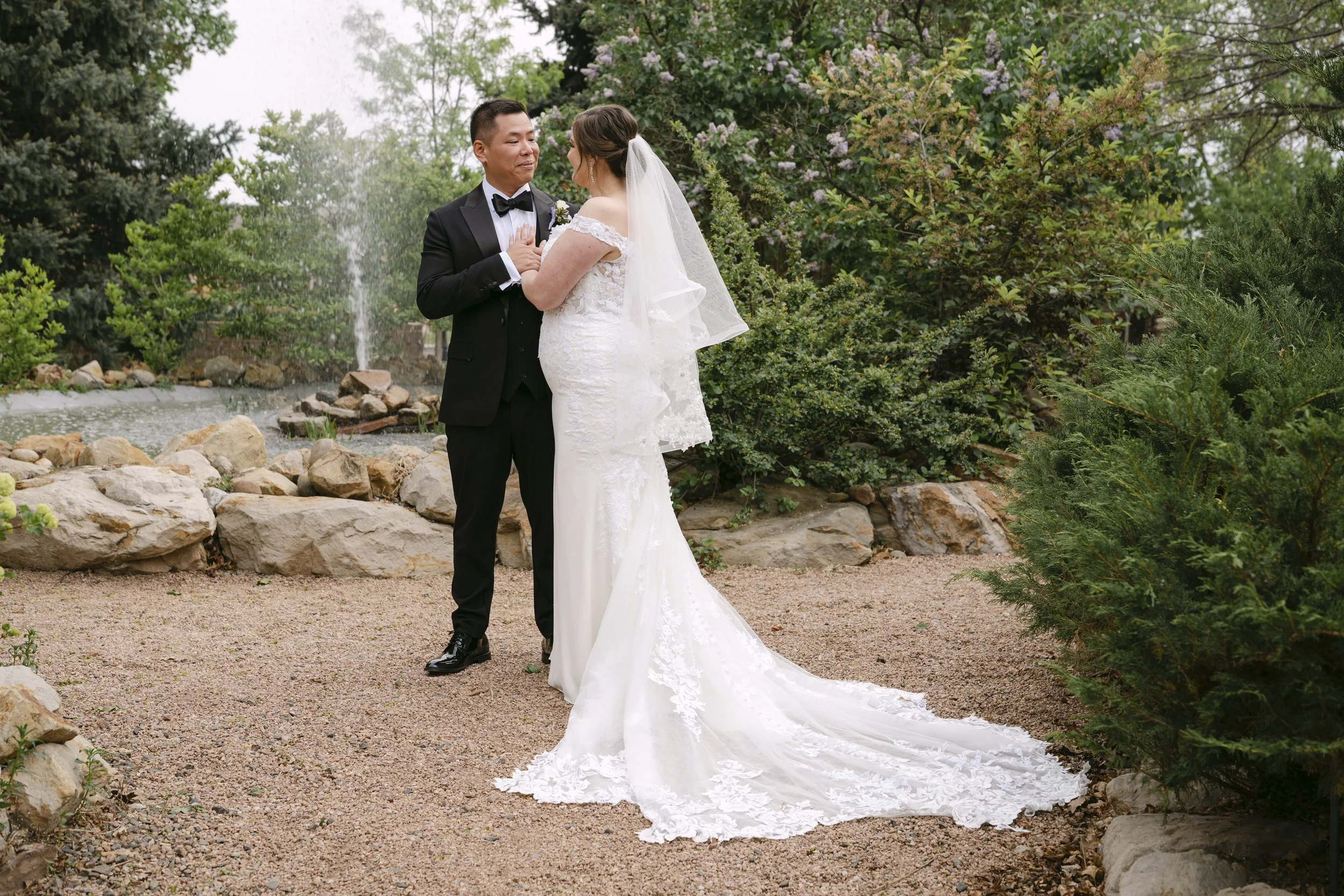 Catherine and Duncan before their ceremony in the spring garden at Church Ranch Event Center in Westminster, Colorado