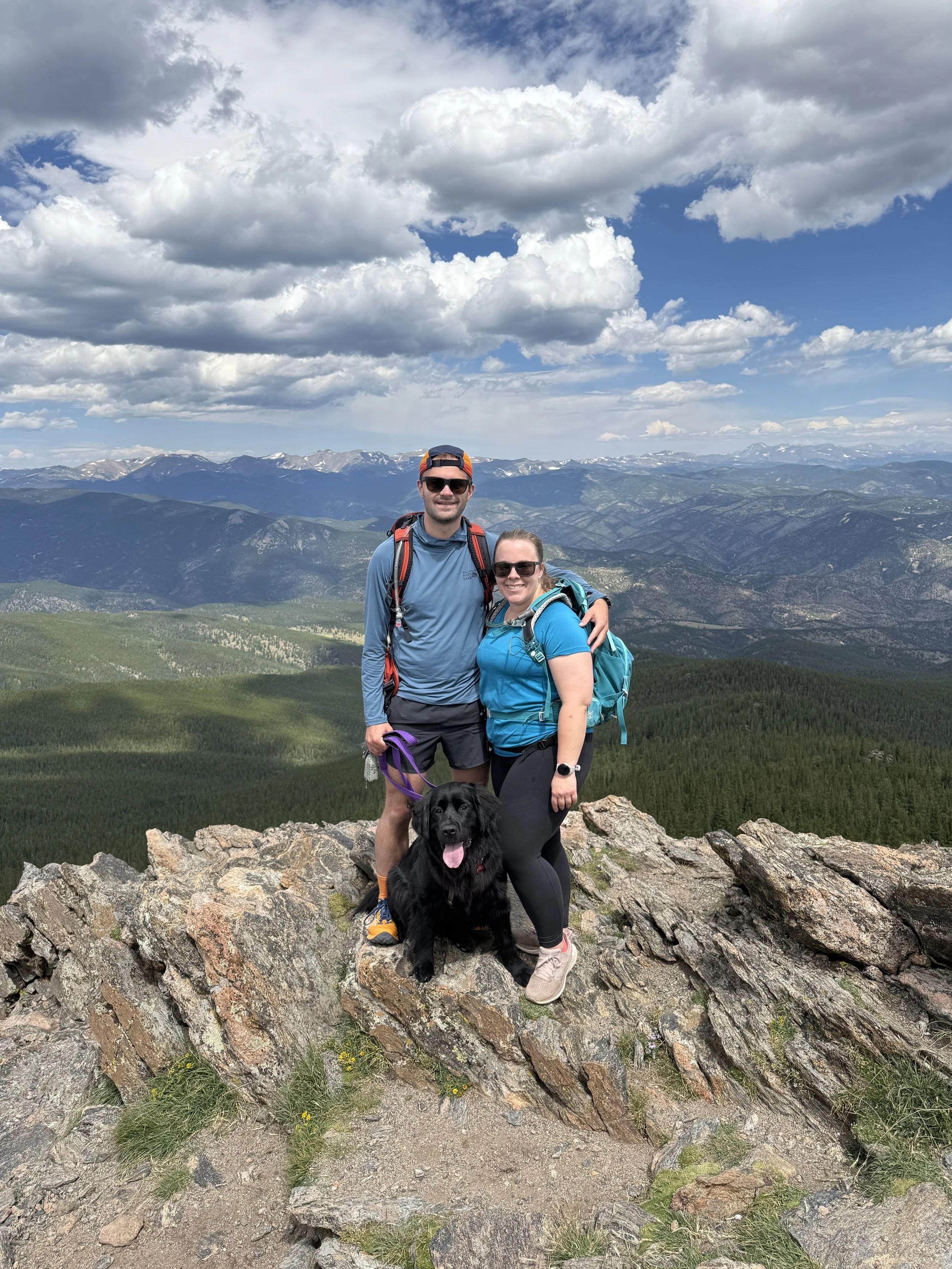 A couple and their dog standing on a rocky outcrop atop a mountain, with a panoramic view of mountain ranges, forest, and partly cloudy sky in the background.