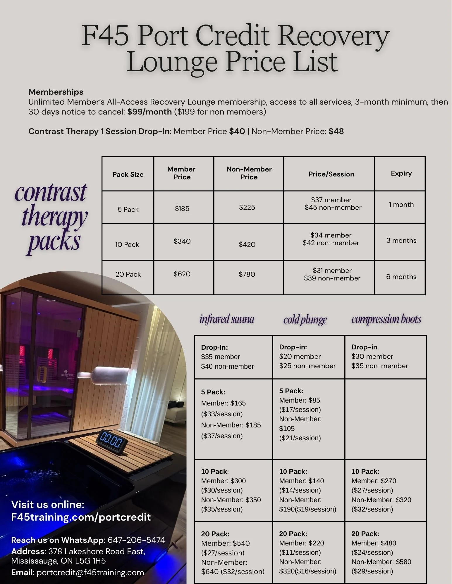 Price list for F45 Port Credit Recovery Lounge with membership and therapy pack options, including infrared sauna, cold plunge, and compression boots.