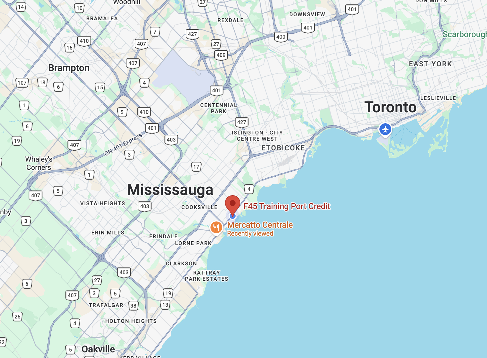 Map showing Mississauga, Toronto, and surrounding areas in Ontario, Canada, with markers for F45 Training Port Credit and Mercatto Centrale.