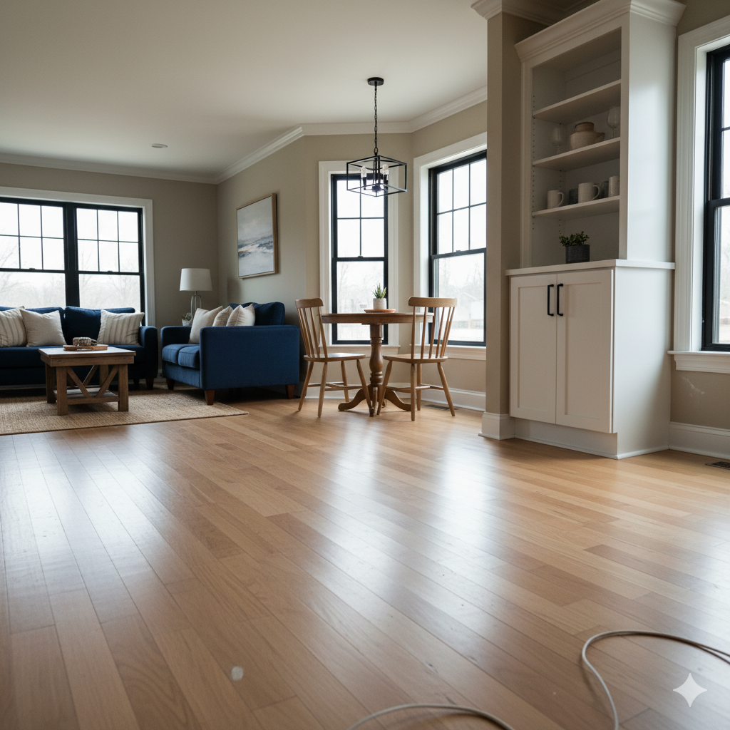 Living room with hardwood flooring, two large windows, a blue sofa with pillows, a small wooden coffee table, a white lamp, a painting on the wall, a round wooden dining table with four chairs, a white built-in cabinet with open shelves, and a pendant light fixture.