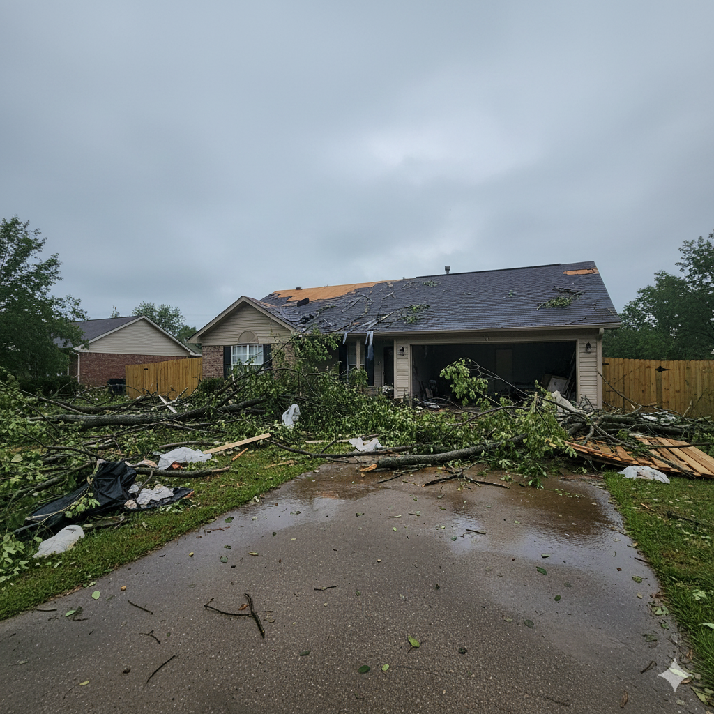 House with roof damaged by a storm, debris scattered across a wet driveway, cloudy sky.