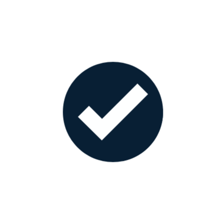 Check mark icon inside a dark blue circle.