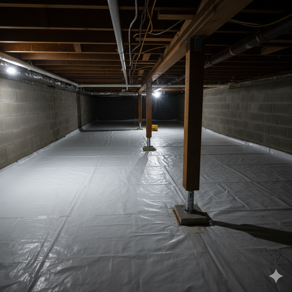 Unfinished basement with wooden beams and pipes on the ceiling, cinder block walls, and plastic sheeting on the floor.