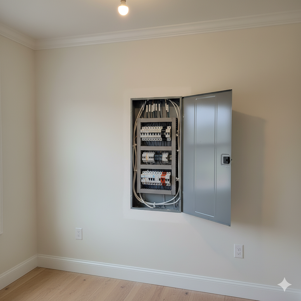 An open electrical panel mounted on a light-colored wall in a room with hardwood flooring, with visible wiring and circuit breakers.