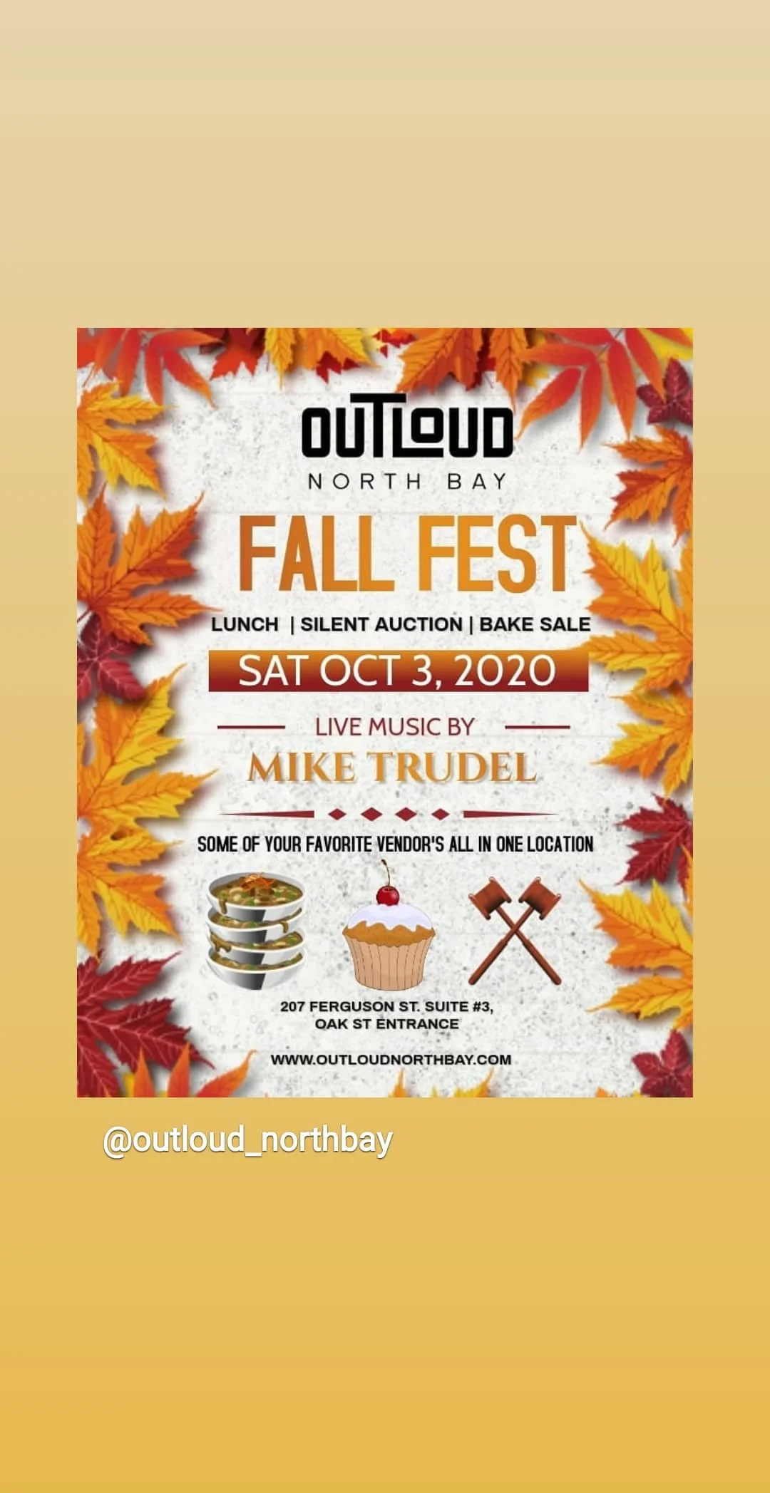 Fall Festival poster with autumn leaves border, event details, and images of food, cupcake with cherry, and crossed axes.
