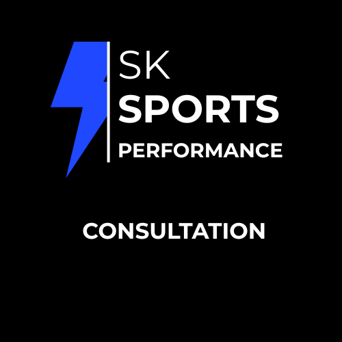 A logo featuring a blue lightning bolt on the left, with the text 'SK SPORTS PERFORMANCE' and 'CONSULTATION' on a black background.