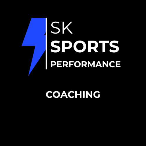 Logo with a blue lightning bolt, the text 'SK SPORTS PERFORMANCE' and 'COACHING' on a black background.