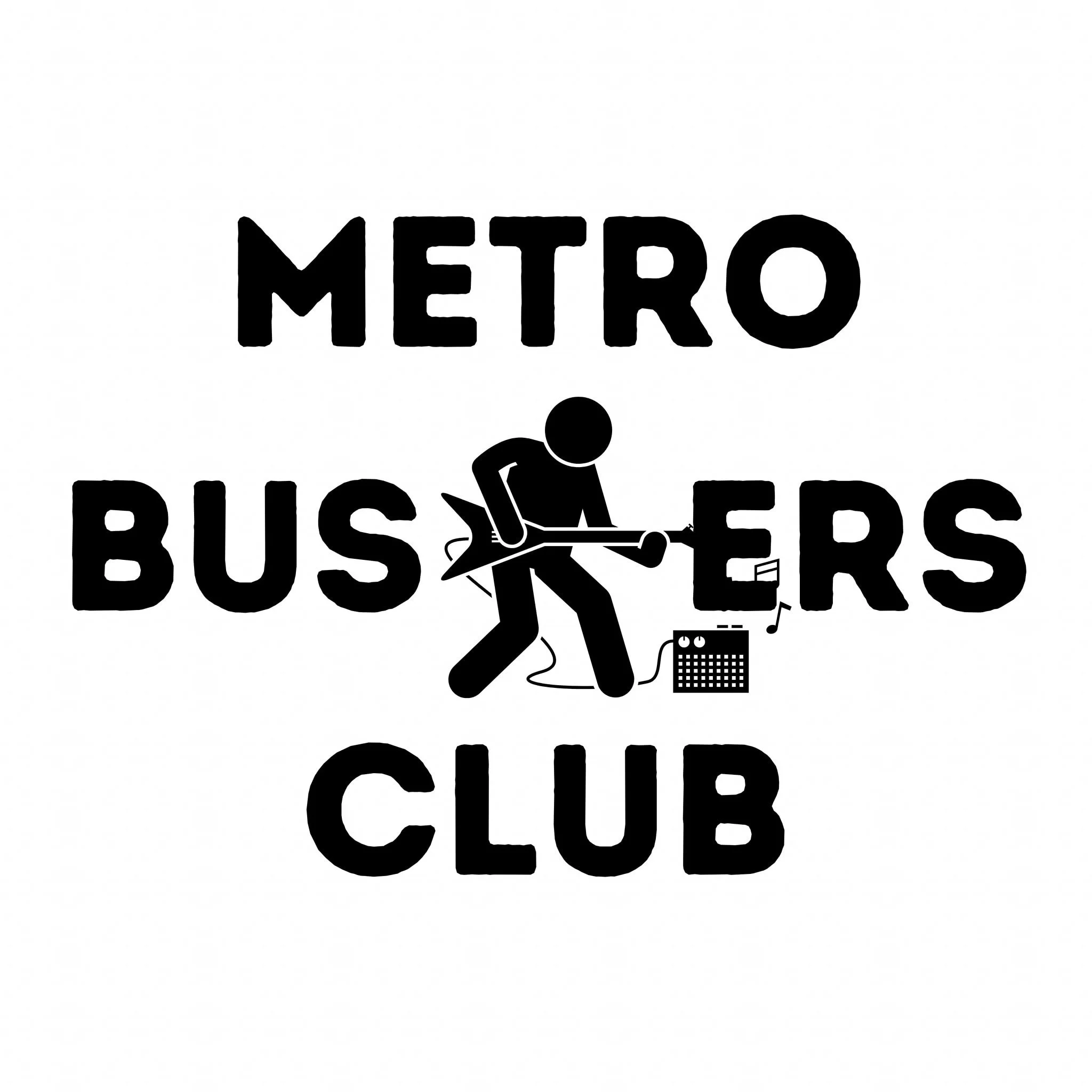 Black and white logo for Metro Buskers Club featuring a figure playing an electric guitar with a small amplifier and musical notes.
