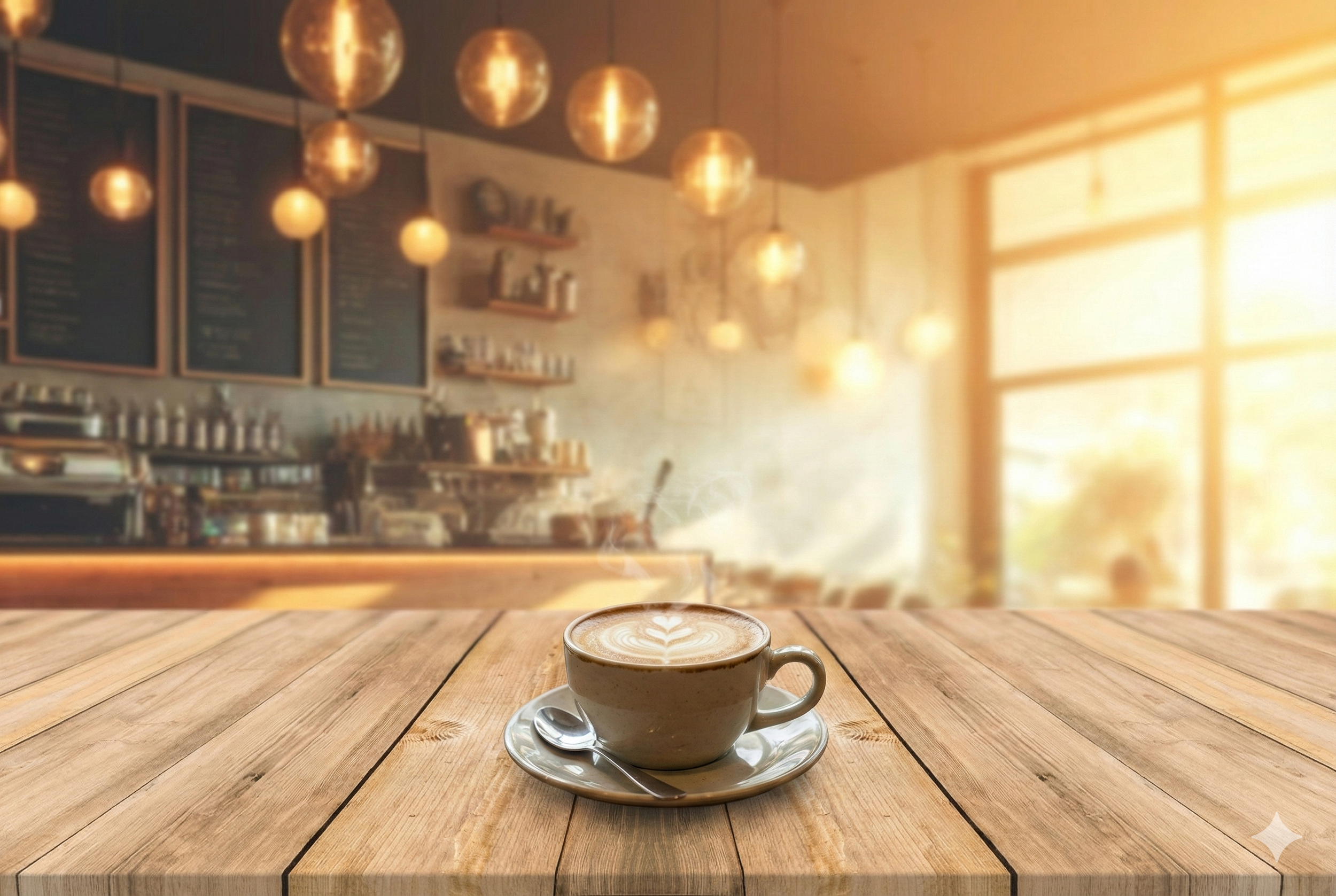A steaming cup of coffee with latte art on a wooden table inside a cozy cafe with warm lighting and large windows.
