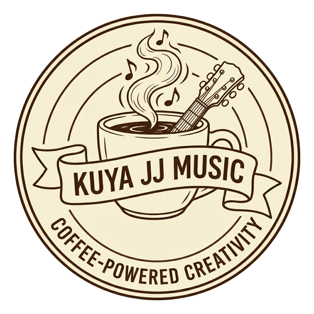 A circular logo with a coffee cup in the center, steam rising with music notes. A guitar is inside the coffee cup. The text "KUYA JJ MUSIC" is on a banner across the coffee cup. The outer ring contains the words "COFFEE-POWERED CREATIVITY."