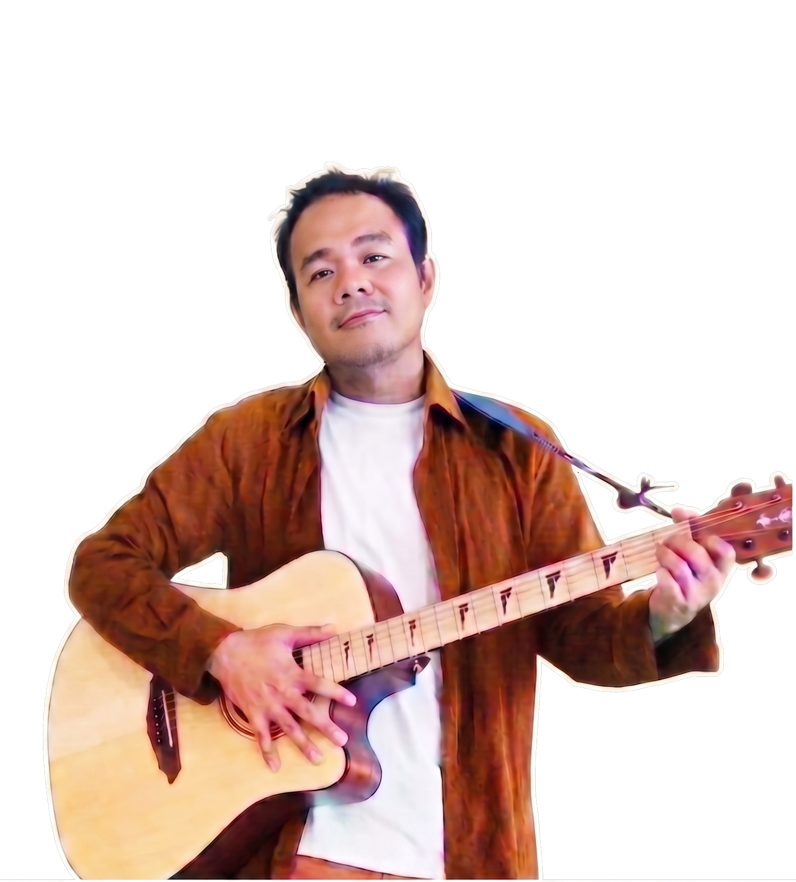 Man playing an acoustic guitar, wearing a brown shirt and white T-shirt, with dark hair and a slight smile, standing against a dark background.